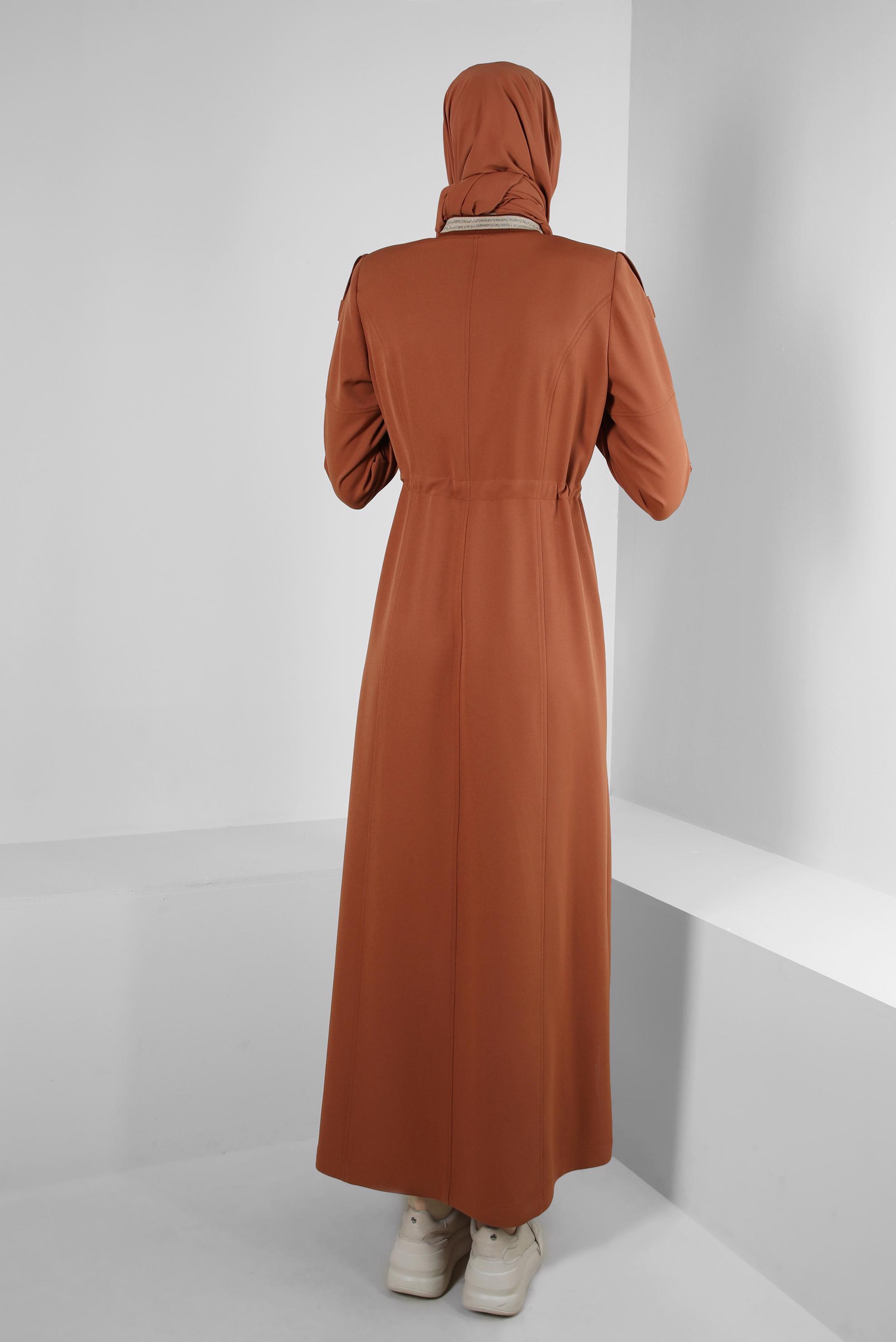 Tesettür giyim TABA BELİ BÜZGÜLÜ MANŞETLERİ LASTİKLİ PARDESÜ 10553