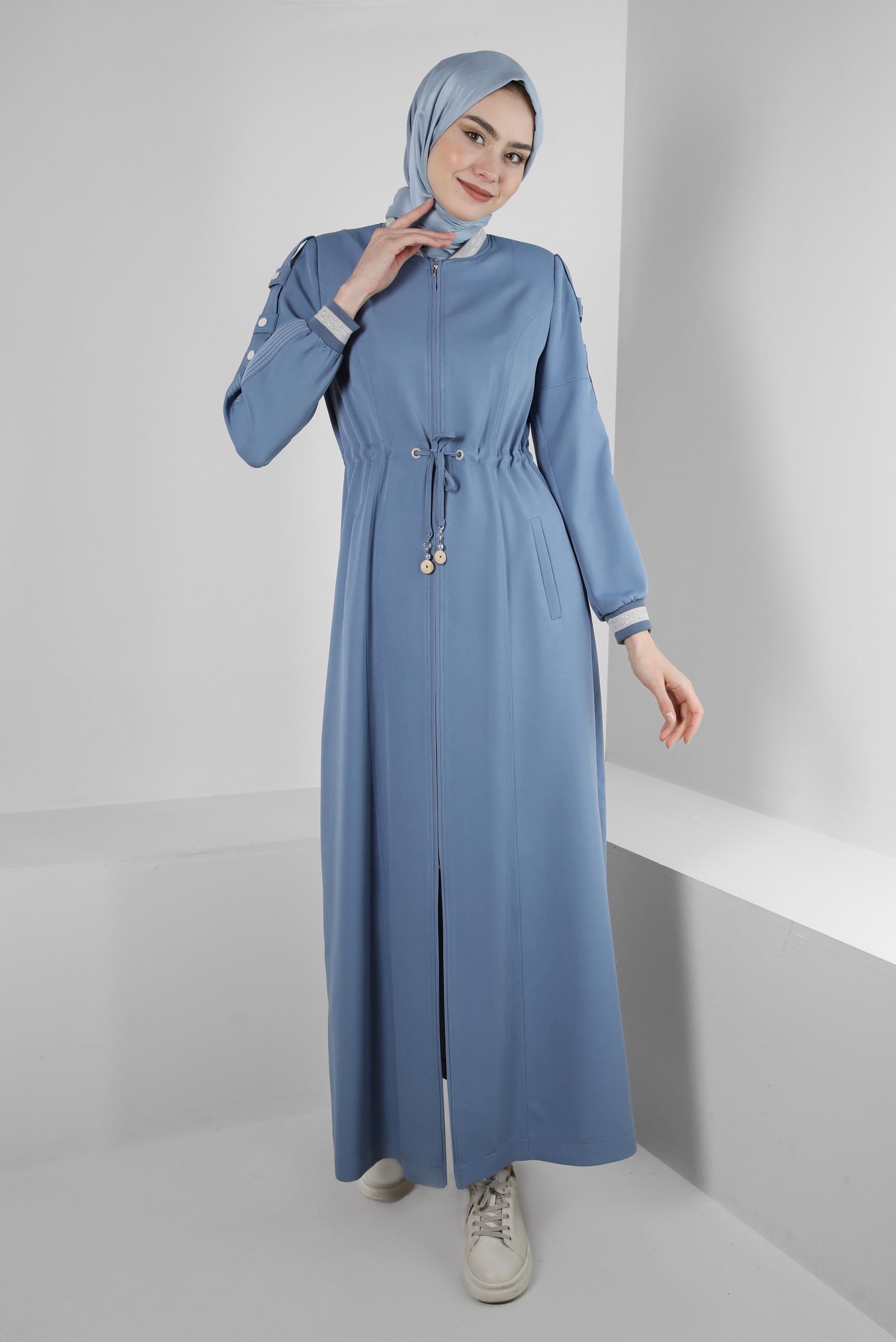 Tesettür giyim MAVİ BELİ BÜZGÜLÜ MANŞETLERİ LASTİKLİ PARDESÜ 10553