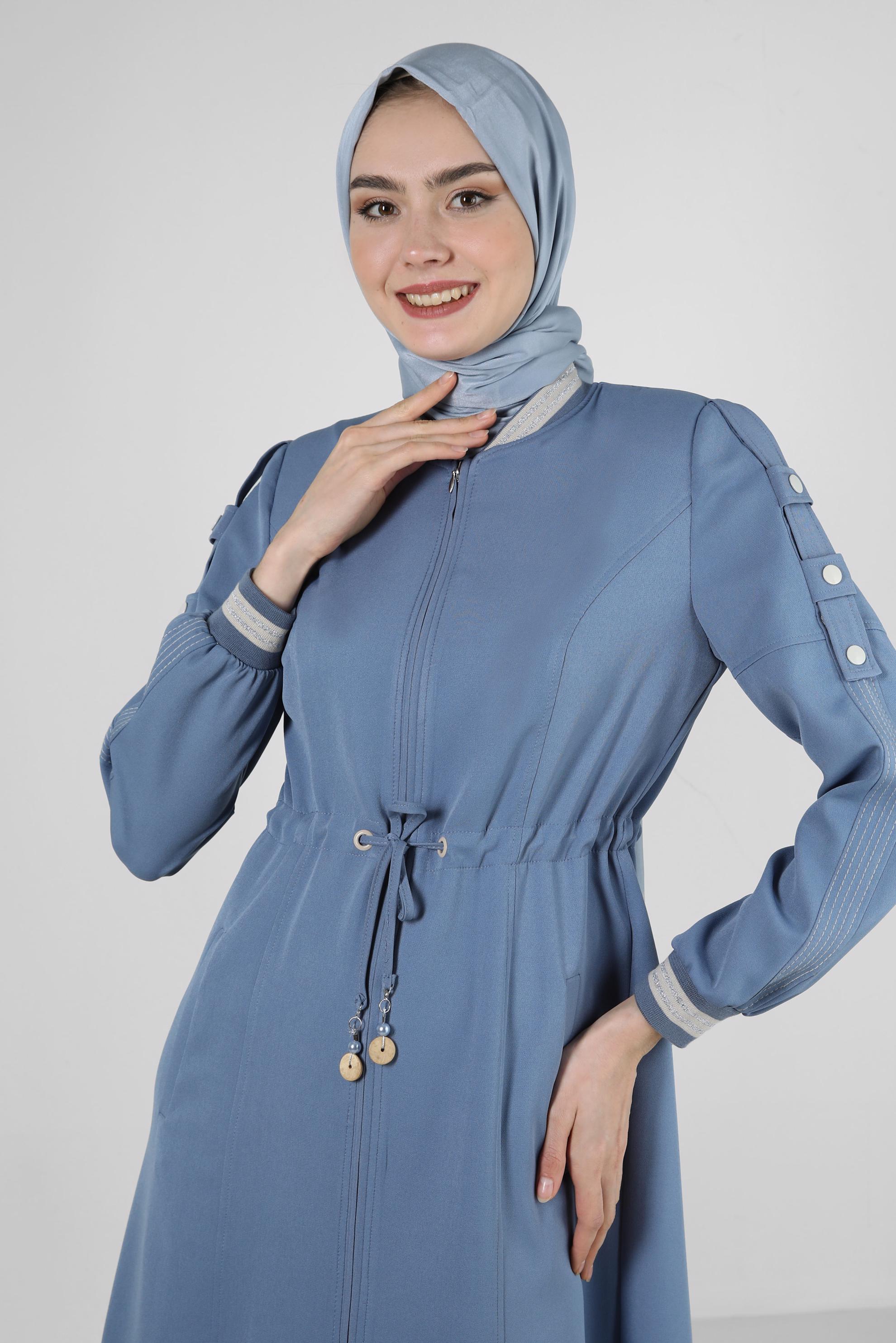 Tesettür giyim MAVİ BELİ BÜZGÜLÜ MANŞETLERİ LASTİKLİ PARDESÜ 10553