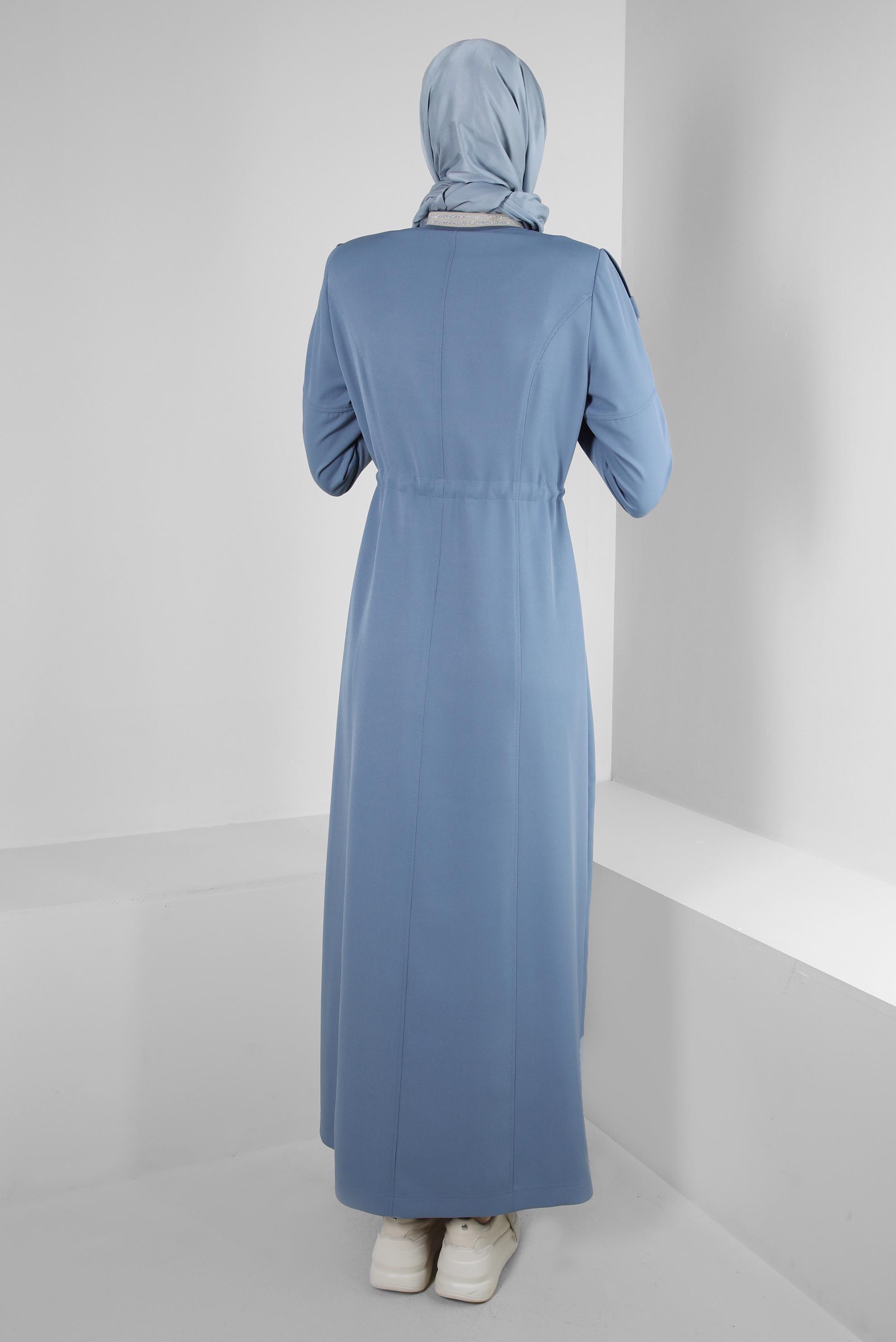 Tesettür giyim MAVİ BELİ BÜZGÜLÜ MANŞETLERİ LASTİKLİ PARDESÜ 10553