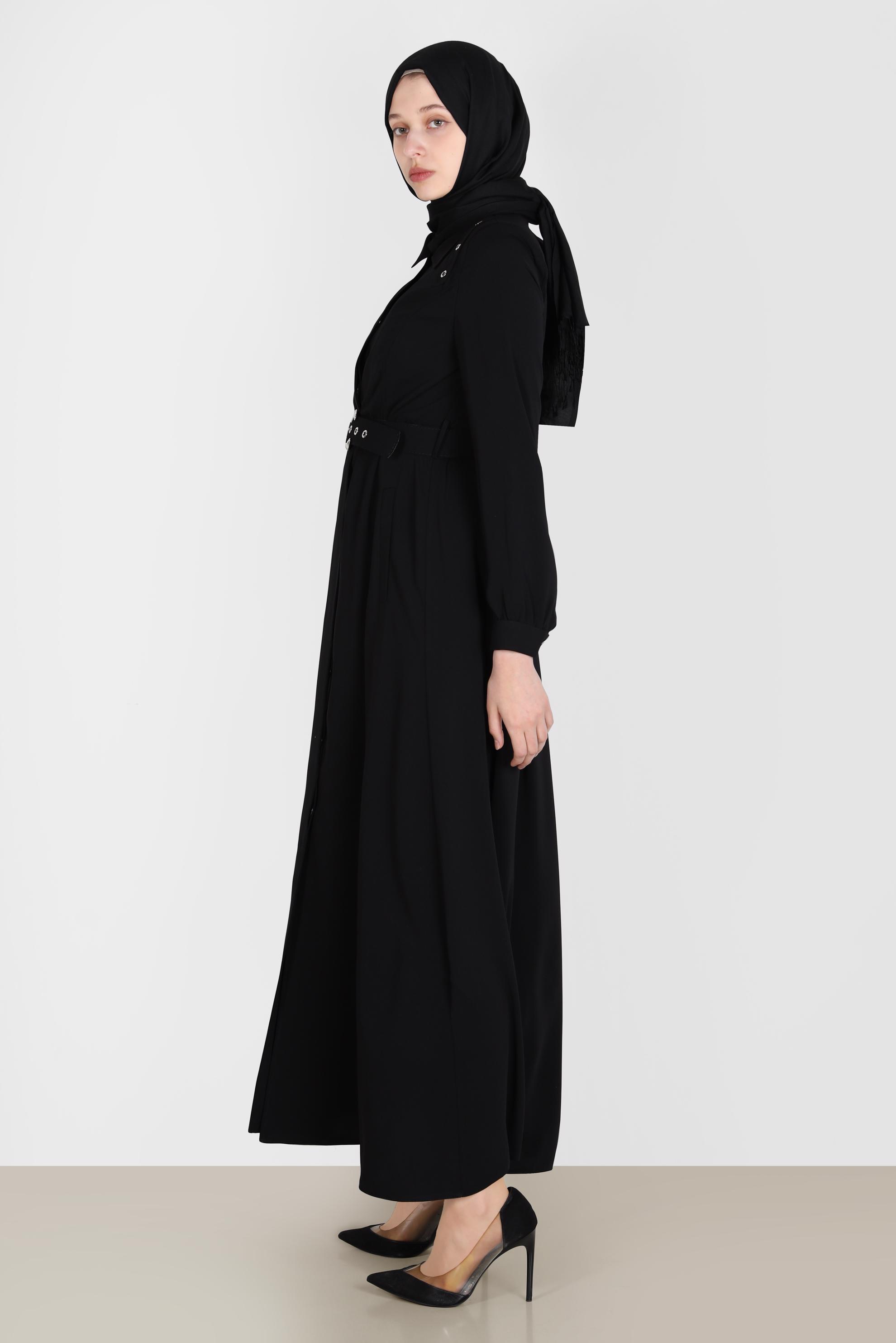 Tesettür giyim SİYAH KUŞGÖZÜ DETAYLI KEMERLİ PARDESÜ 10555 