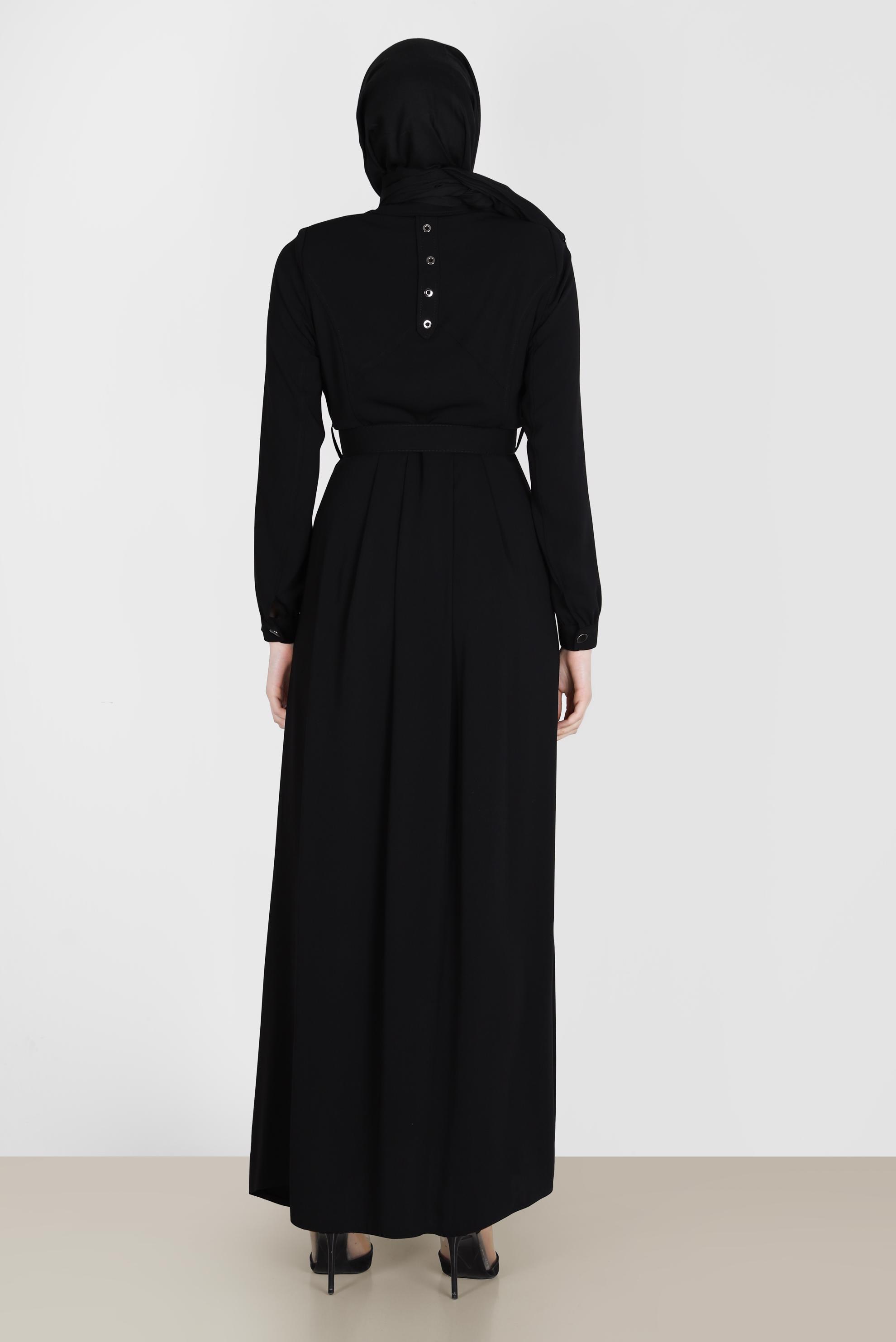 Tesettür giyim SİYAH KUŞGÖZÜ DETAYLI KEMERLİ PARDESÜ 10555 