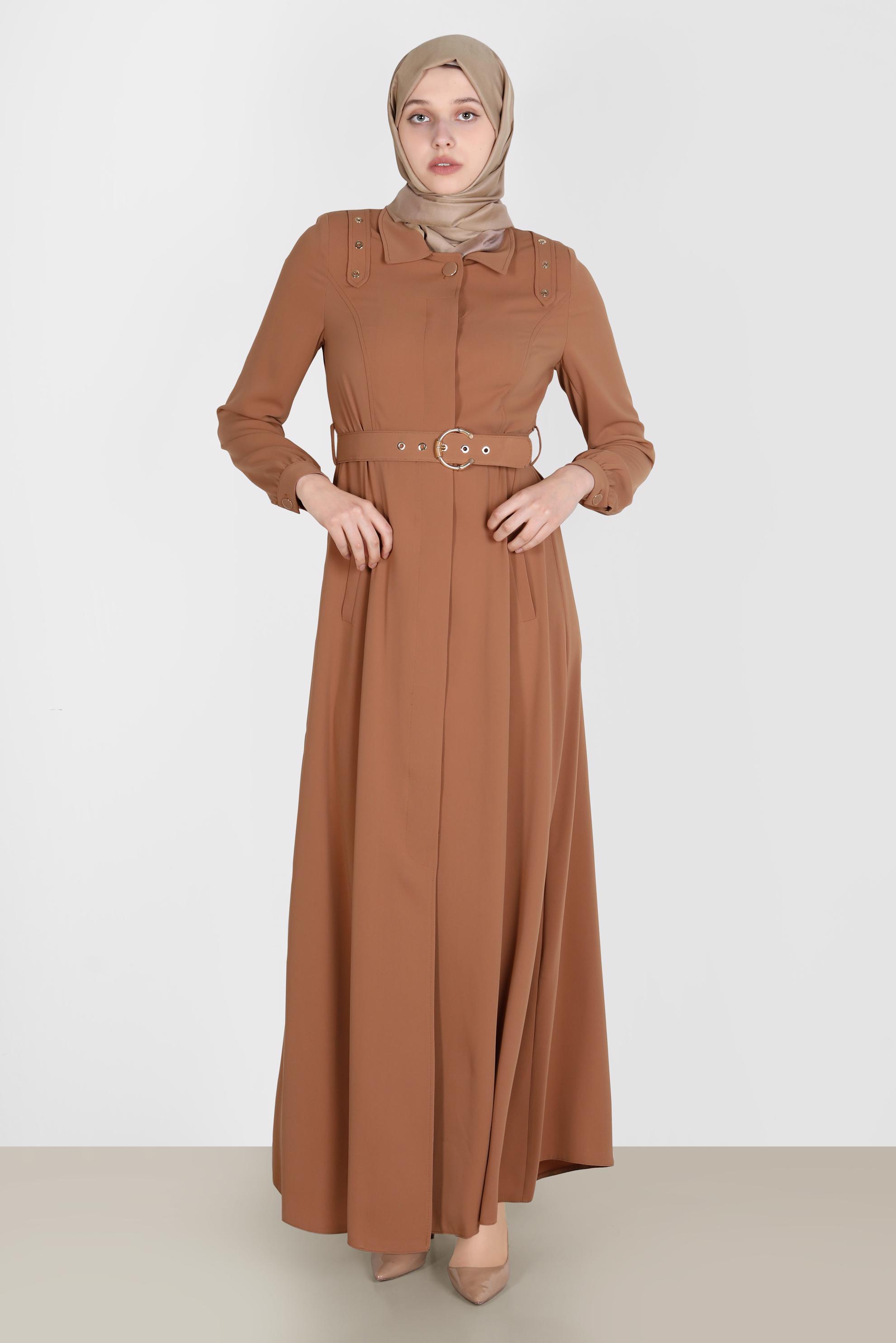 Tesettür giyim SARI KUŞGÖZÜ DETAYLI KEMERLİ PARDESÜ 10555 