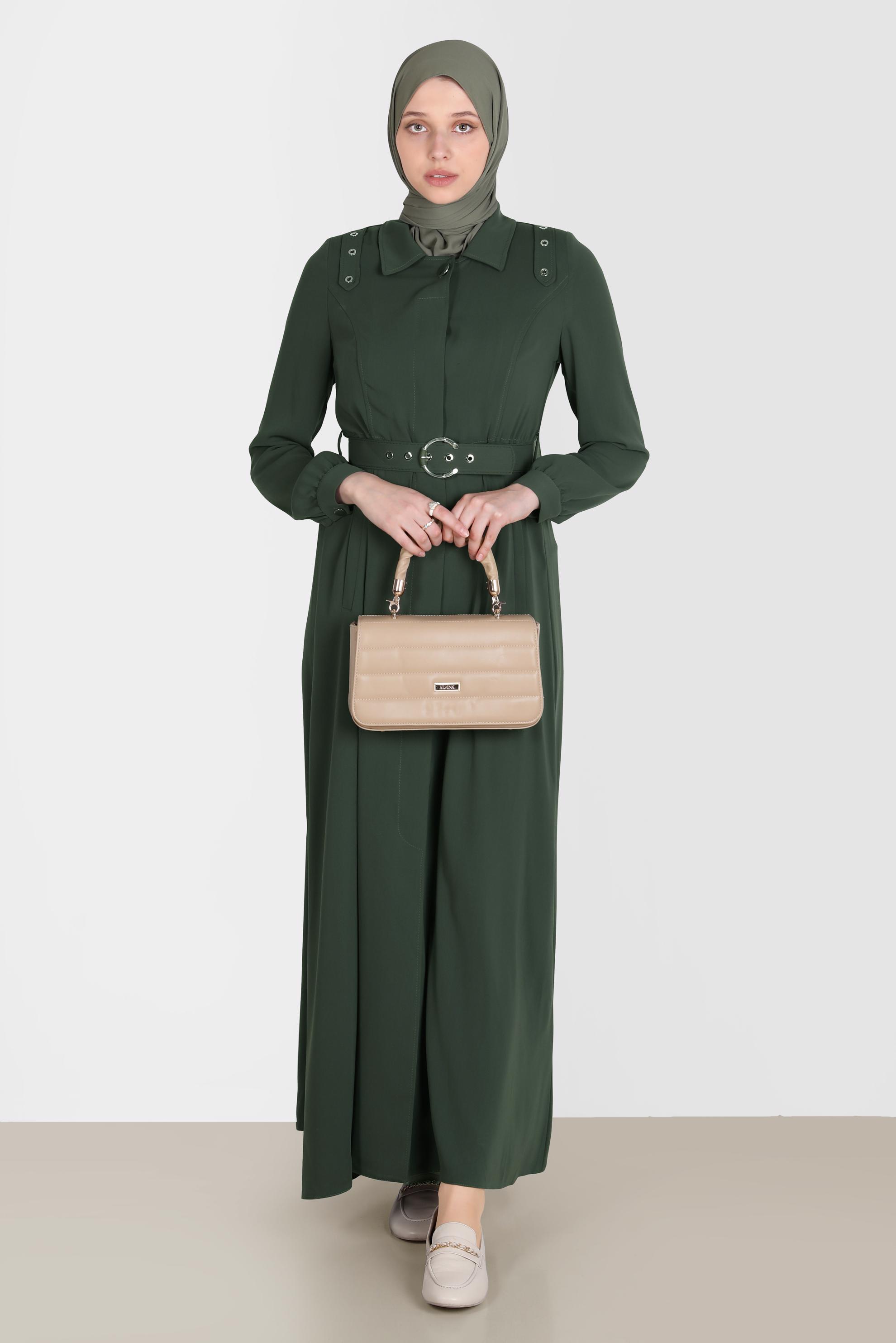 Tesettür giyim HAKİ KUŞGÖZÜ DETAYLI KEMERLİ PARDESÜ 10555 