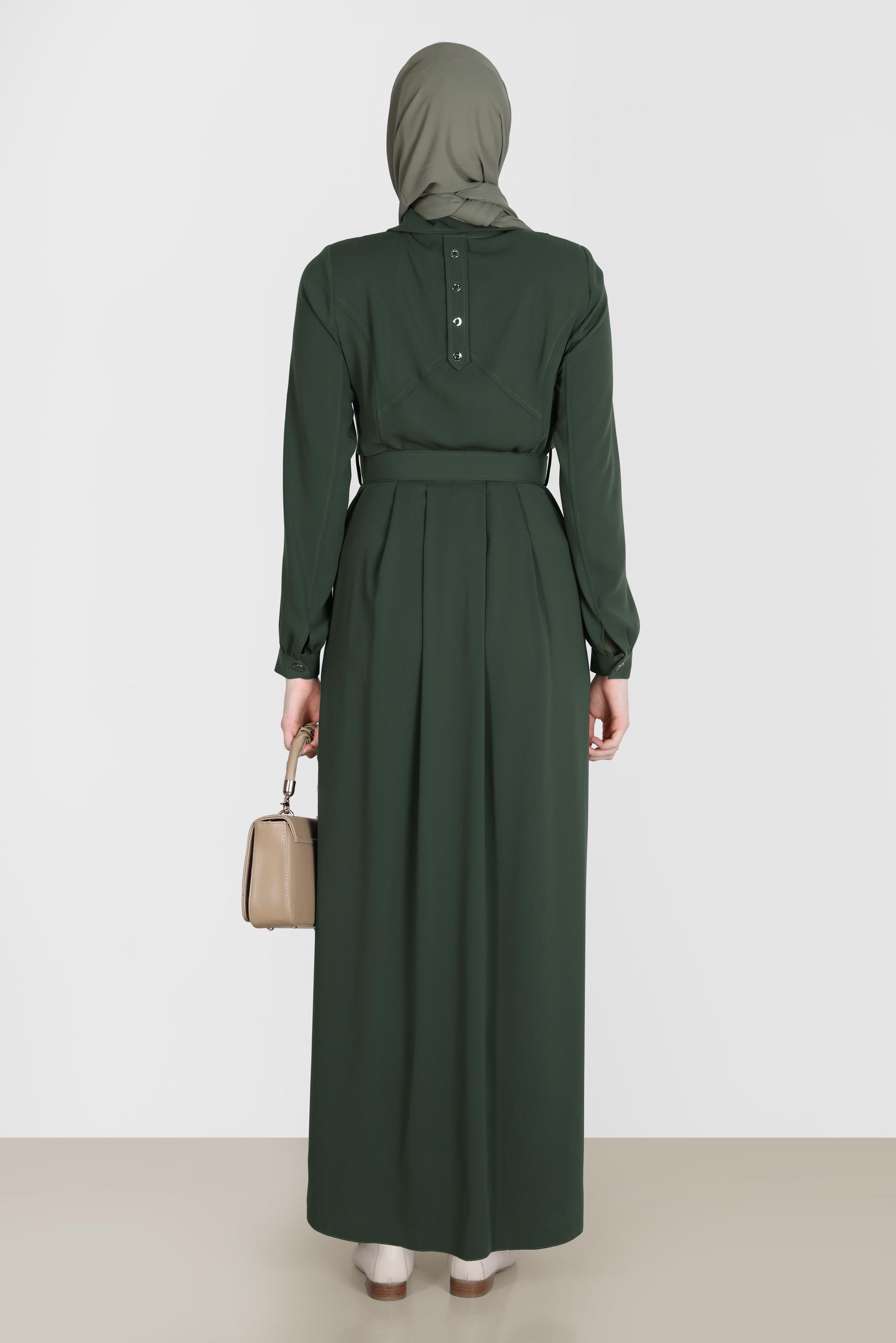 Tesettür giyim HAKİ KUŞGÖZÜ DETAYLI KEMERLİ PARDESÜ 10555 