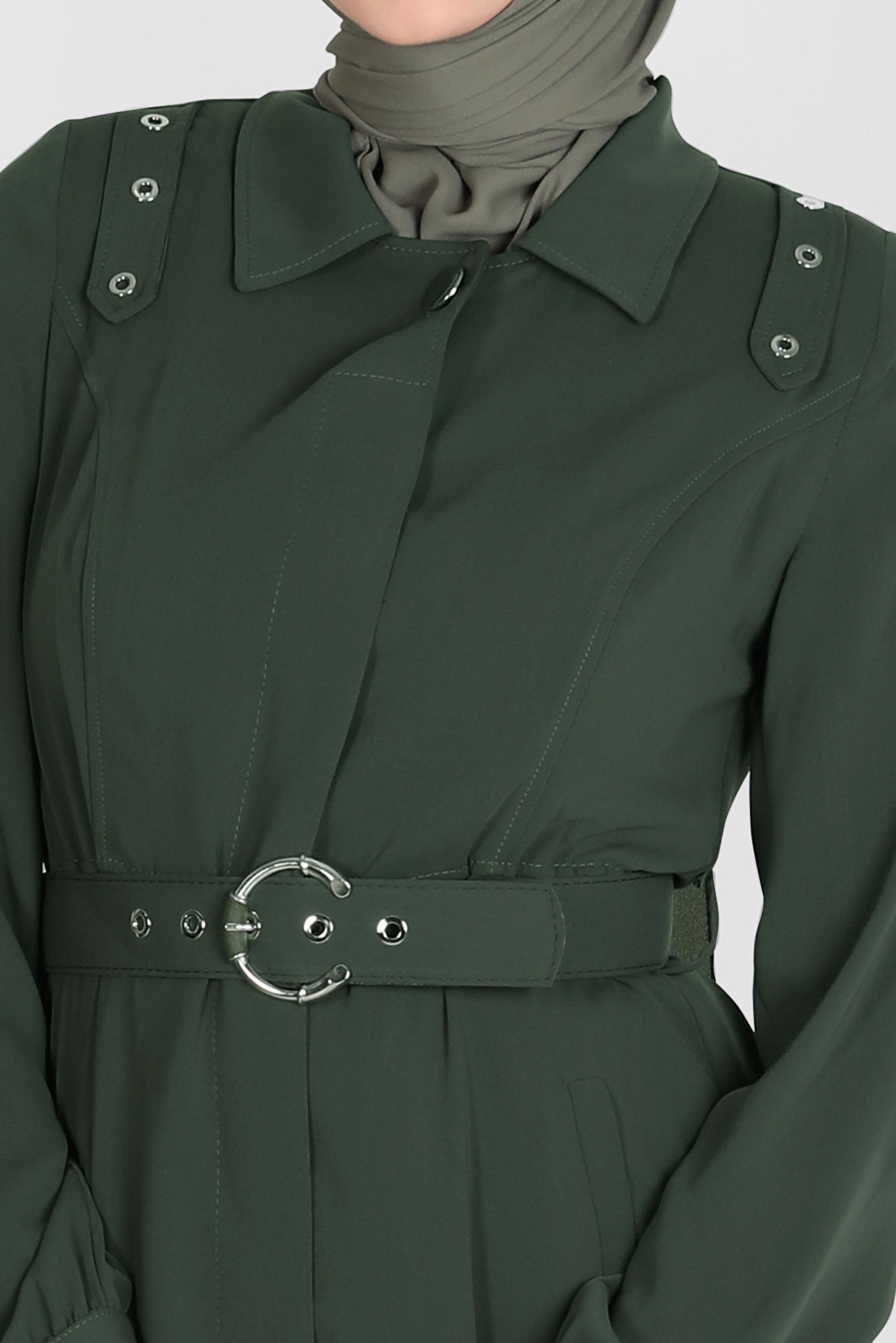 Tesettür giyim HAKİ KUŞGÖZÜ DETAYLI KEMERLİ PARDESÜ 10555 