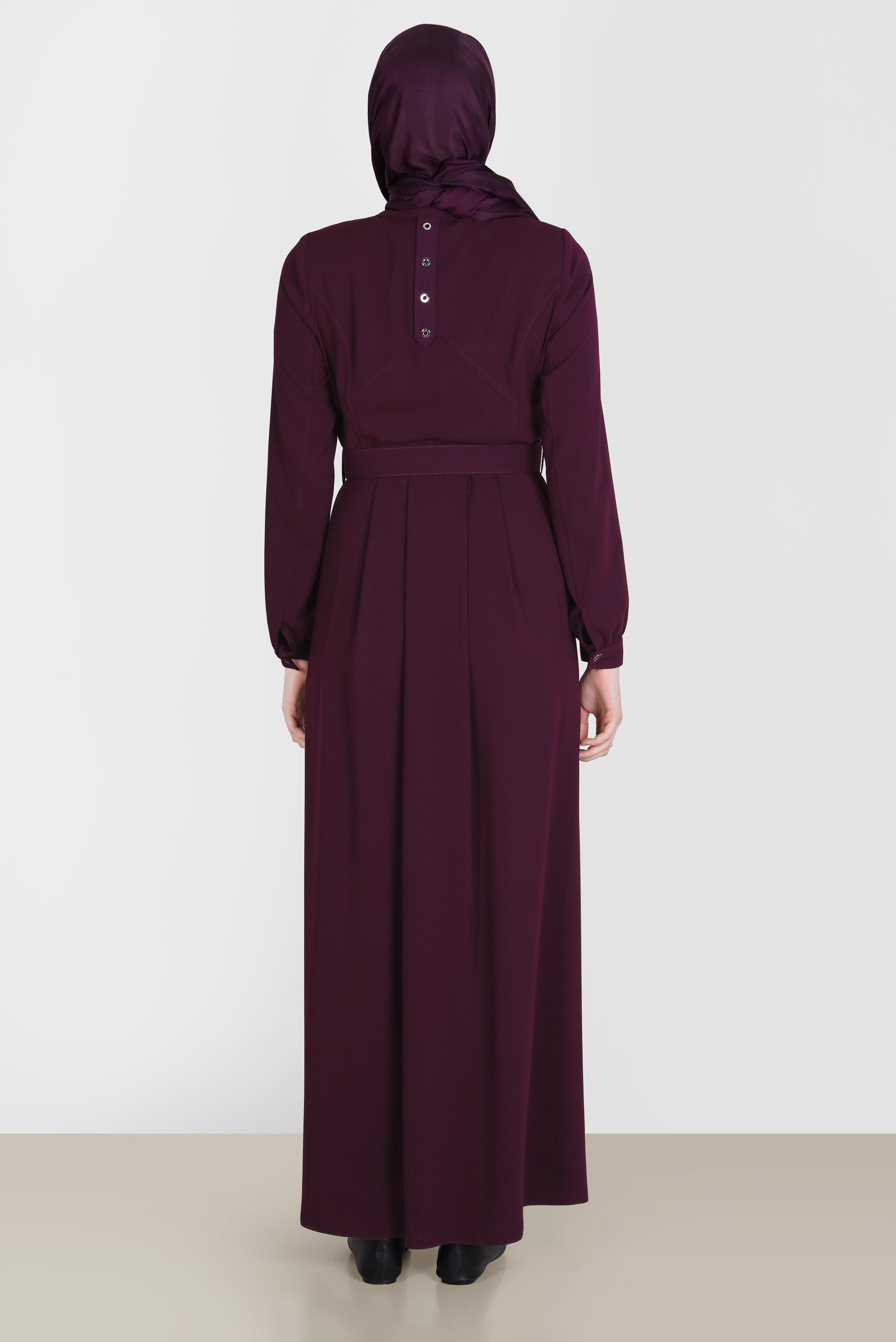 Tesettür giyim BORDO KUŞGÖZÜ DETAYLI KEMERLİ PARDESÜ 10555 