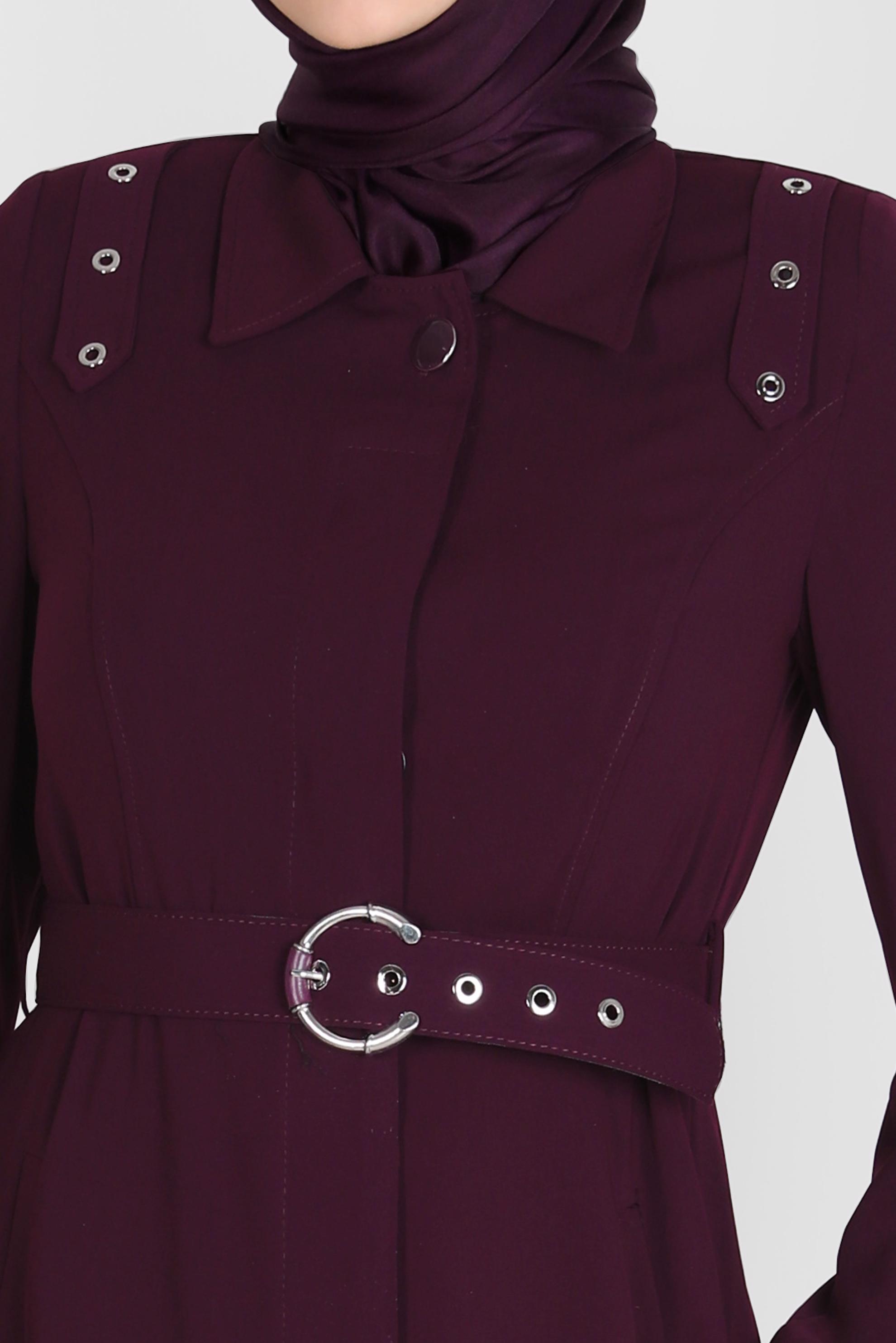 Tesettür giyim BORDO KUŞGÖZÜ DETAYLI KEMERLİ PARDESÜ 10555 