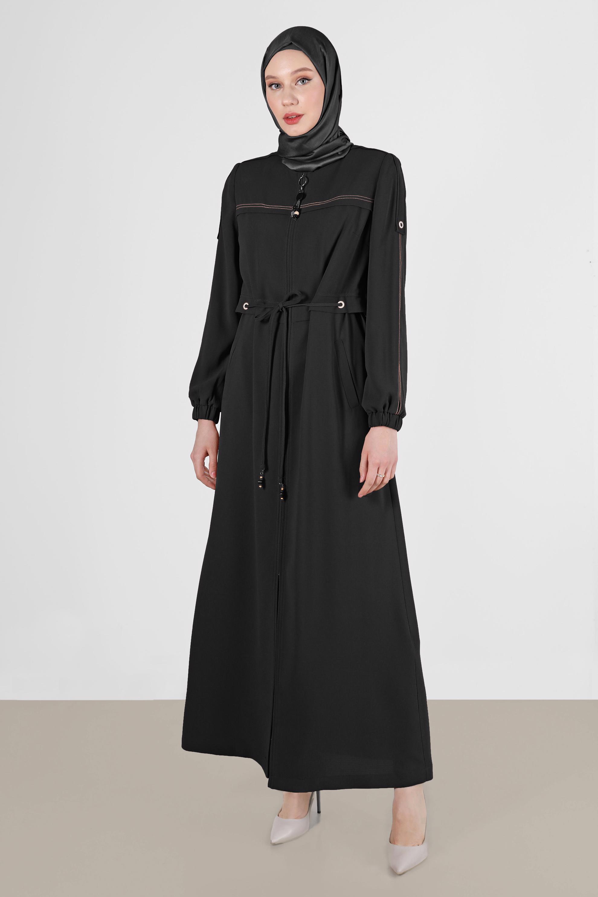 Tesettür giyim SİYAH MANŞETLERİ LASTİKLİ BELDEN BAĞLAMALI PARDESÜ 10558	
