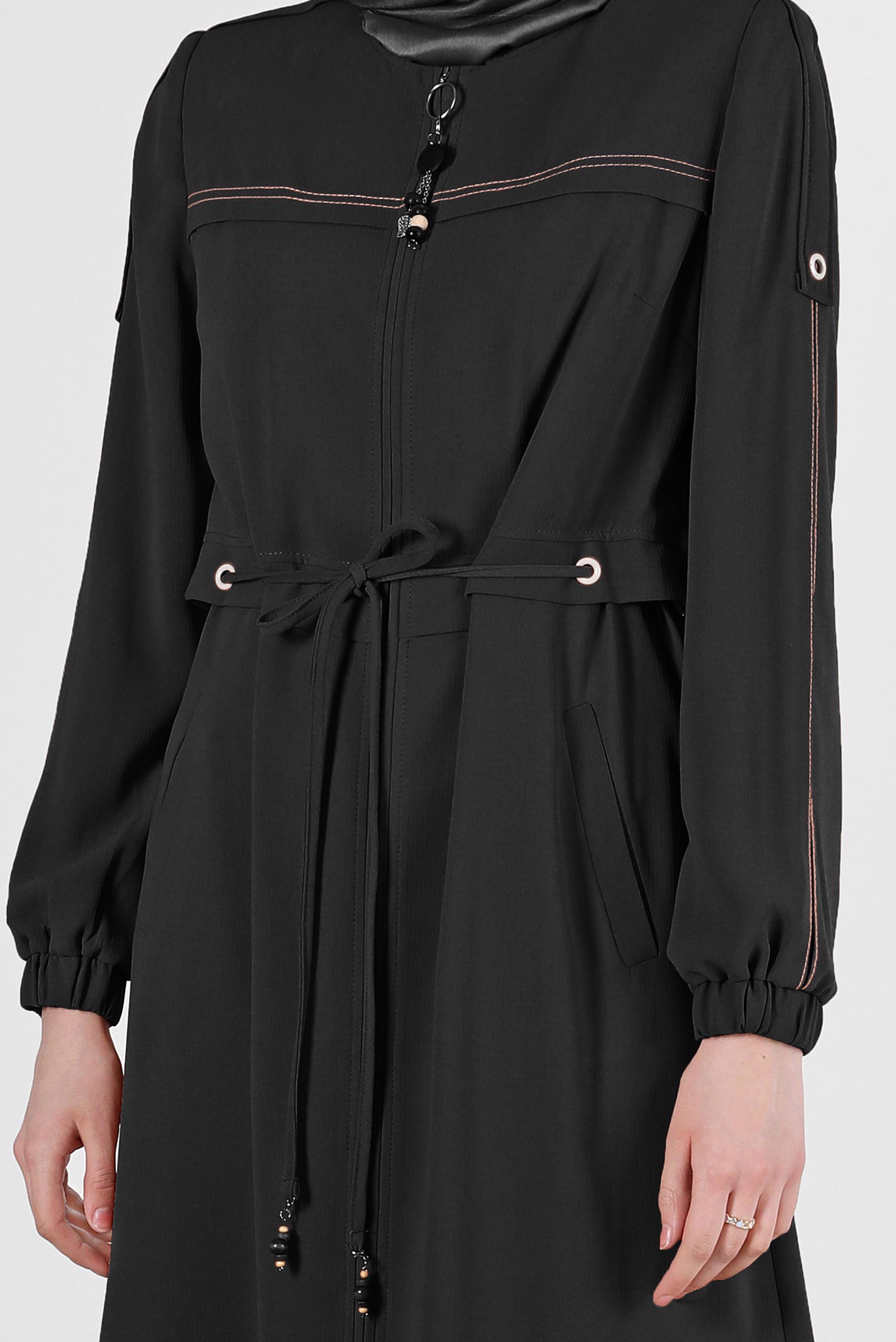 Tesettür giyim SİYAH MANŞETLERİ LASTİKLİ BELDEN BAĞLAMALI PARDESÜ 10558	