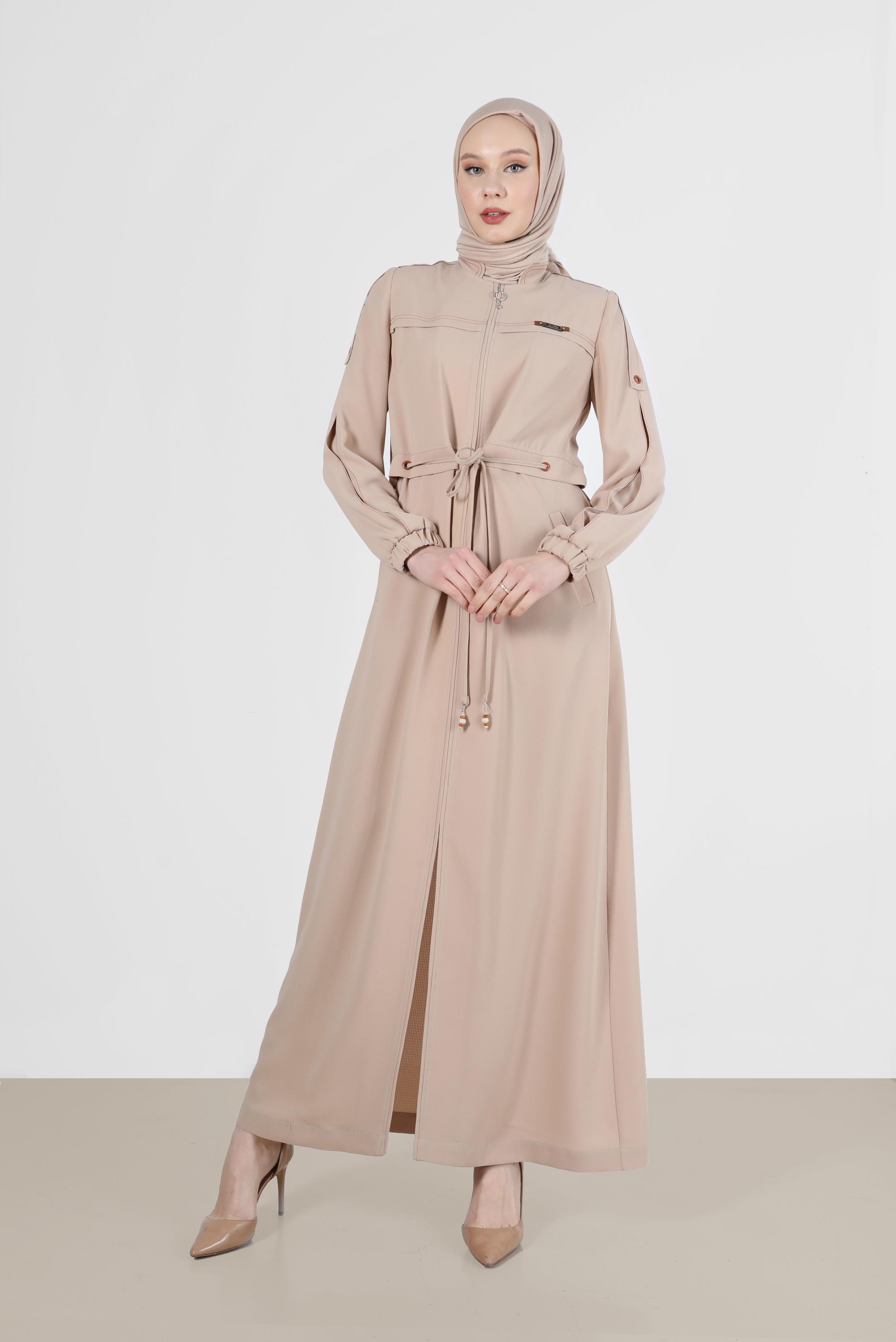 Tesettür giyim BEJ MANŞETLERİ LASTİKLİ BELDEN BAĞLAMALI PARDESÜ 10558	