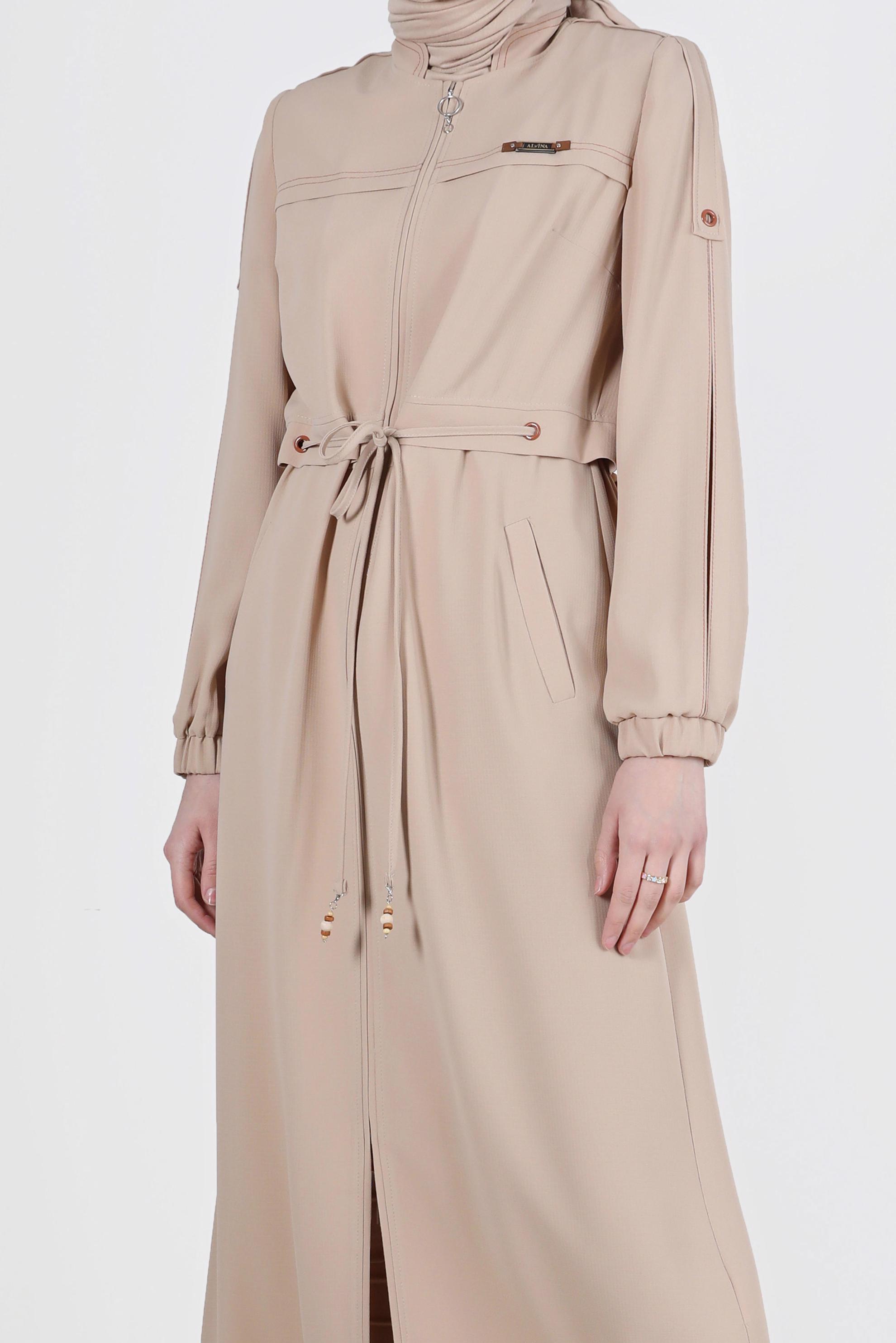 Tesettür giyim BEJ MANŞETLERİ LASTİKLİ BELDEN BAĞLAMALI PARDESÜ 10558	