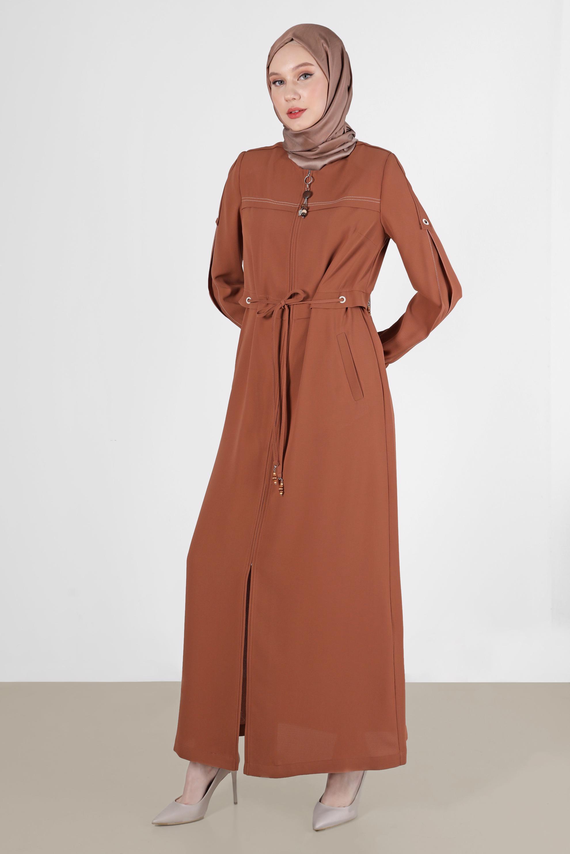 Tesettür giyim TURUNCU MANŞETLERİ LASTİKLİ BELDEN BAĞLAMALI PARDESÜ 10558	