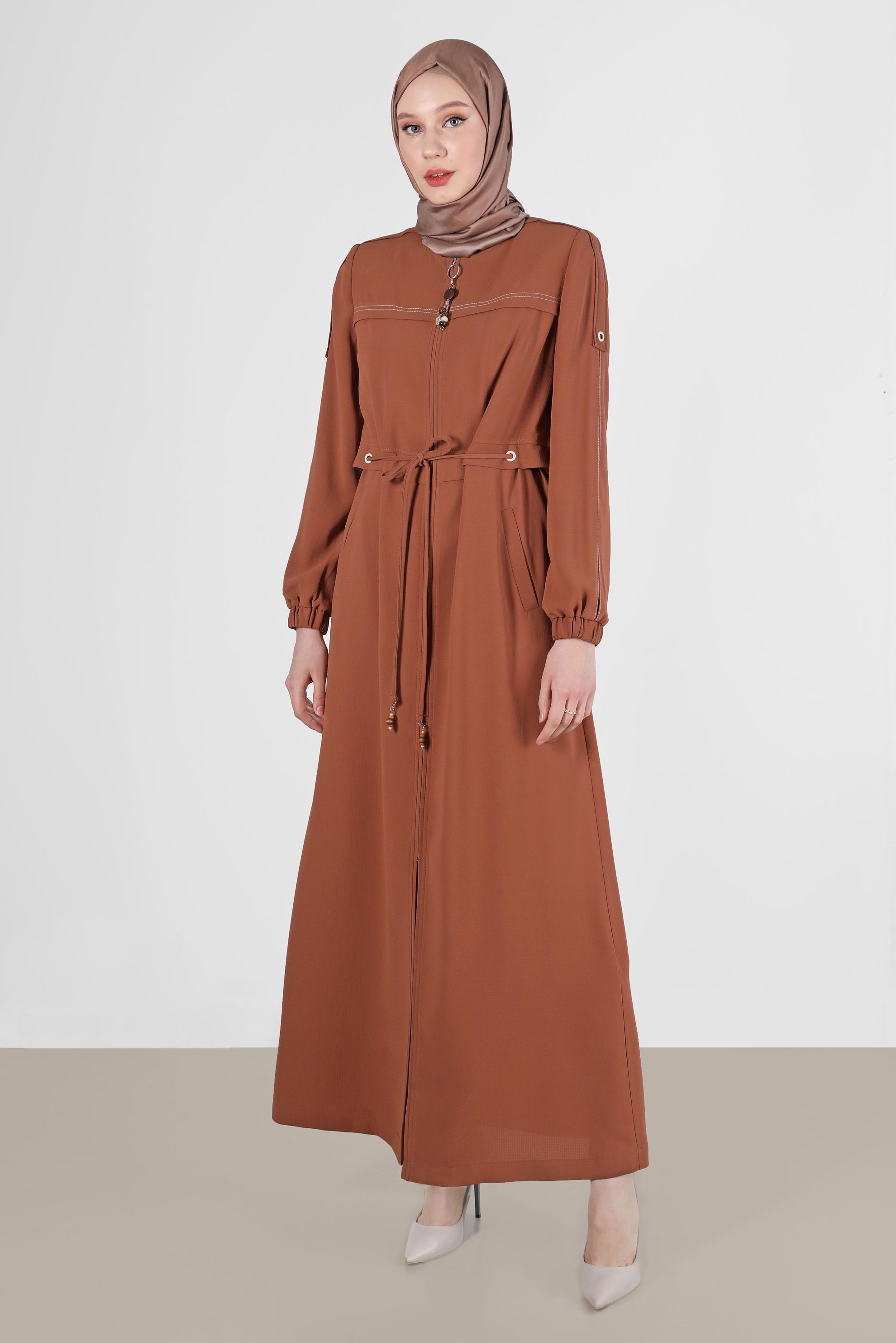 Tesettür giyim TURUNCU MANŞETLERİ LASTİKLİ BELDEN BAĞLAMALI PARDESÜ 10558	