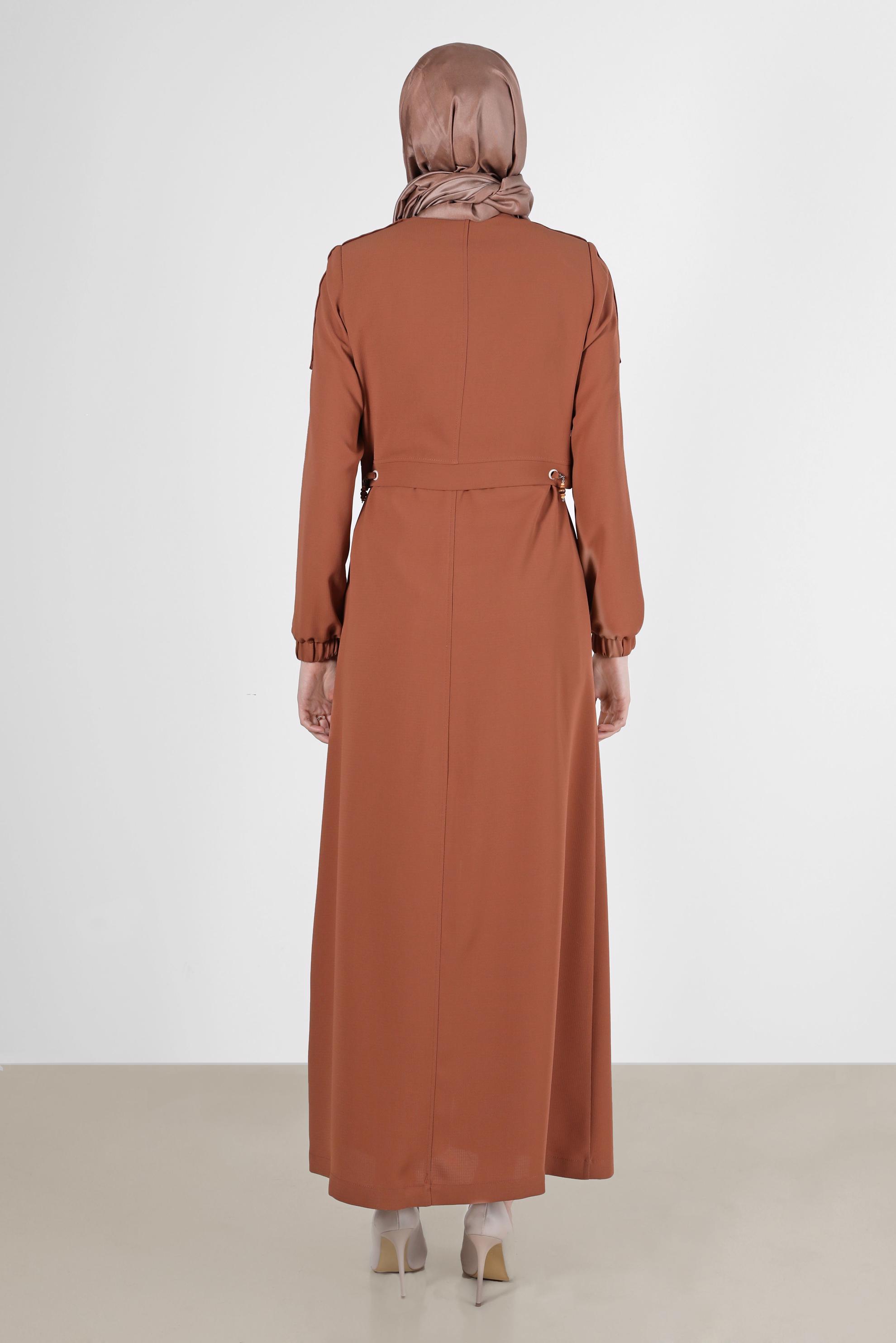 Tesettür giyim TURUNCU MANŞETLERİ LASTİKLİ BELDEN BAĞLAMALI PARDESÜ 10558	