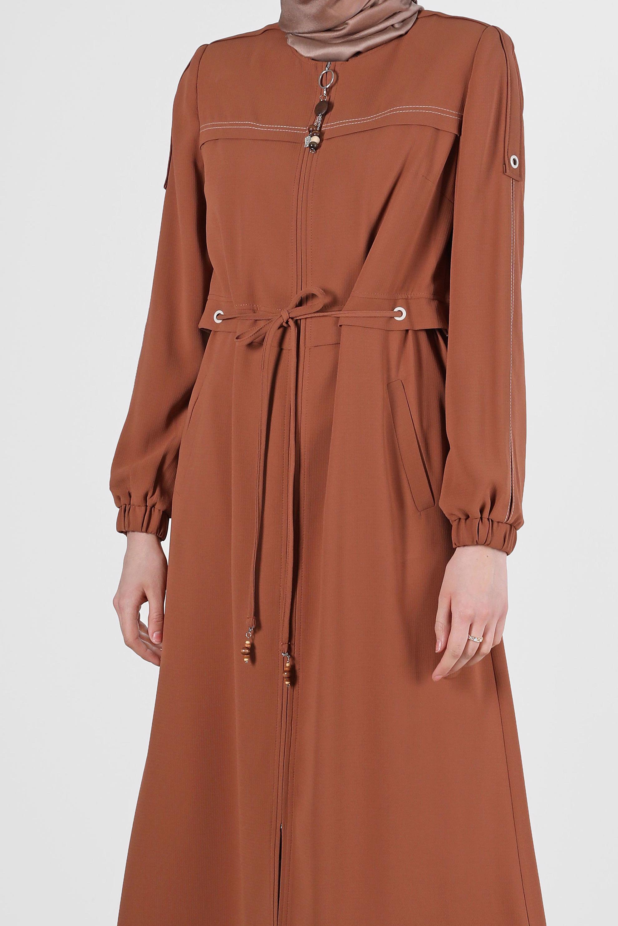 Tesettür giyim TURUNCU MANŞETLERİ LASTİKLİ BELDEN BAĞLAMALI PARDESÜ 10558	