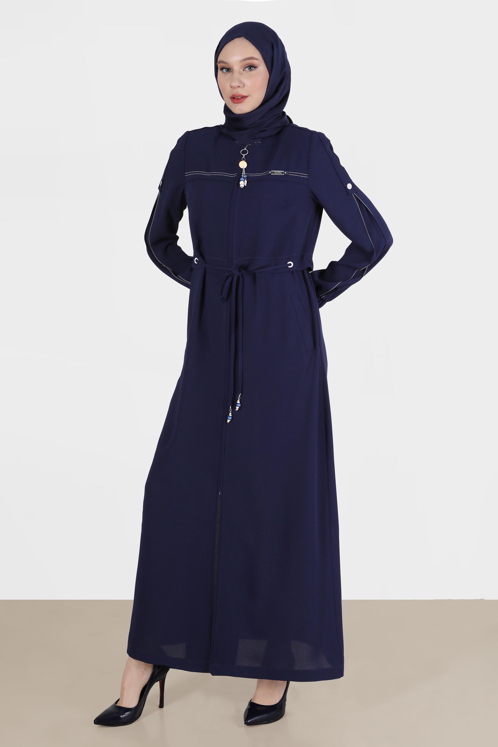 Tesettür giyim LACİVERT MANŞETLERİ LASTİKLİ BELDEN BAĞLAMALI PARDESÜ 10558	