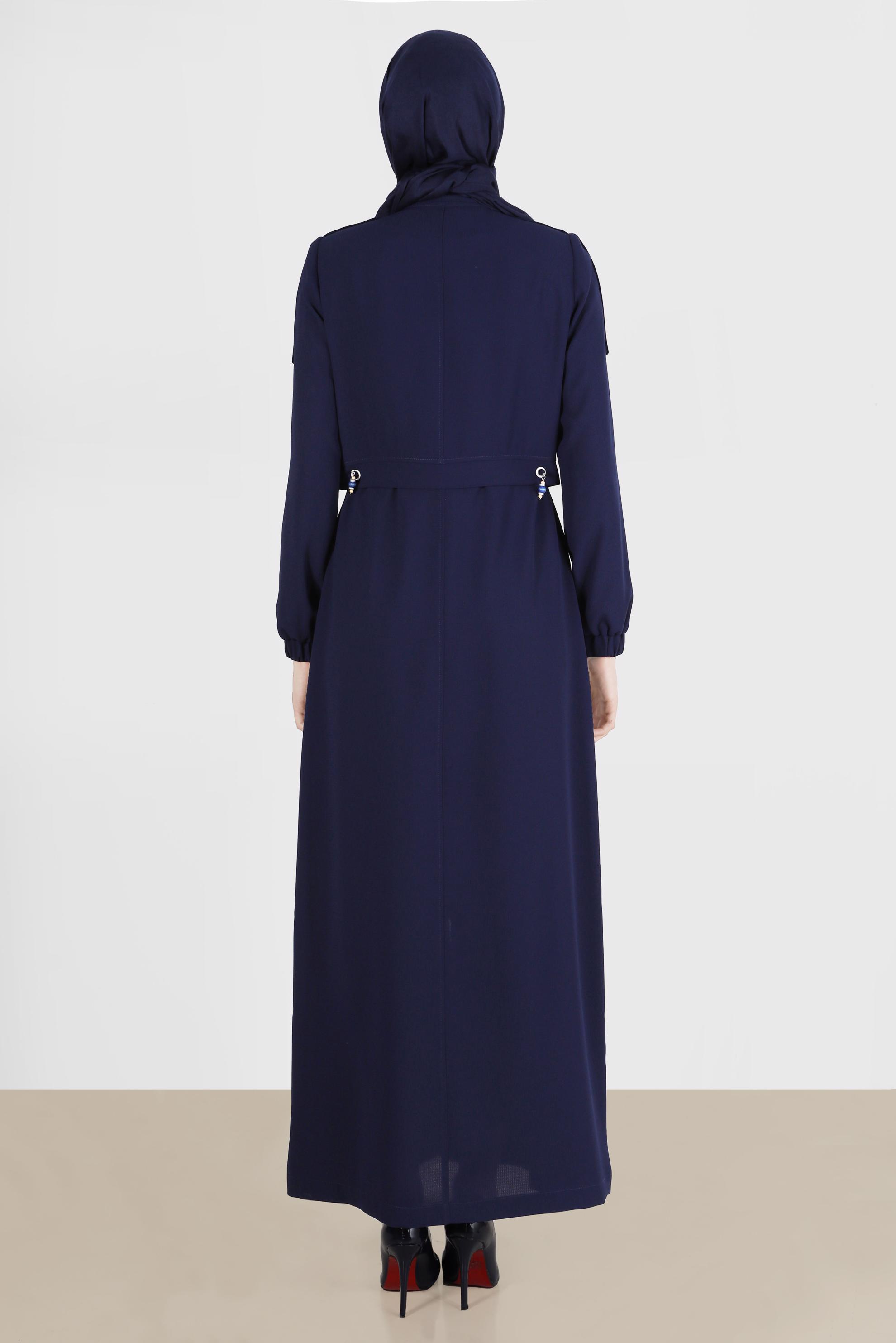 Tesettür giyim LACİVERT MANŞETLERİ LASTİKLİ BELDEN BAĞLAMALI PARDESÜ 10558	