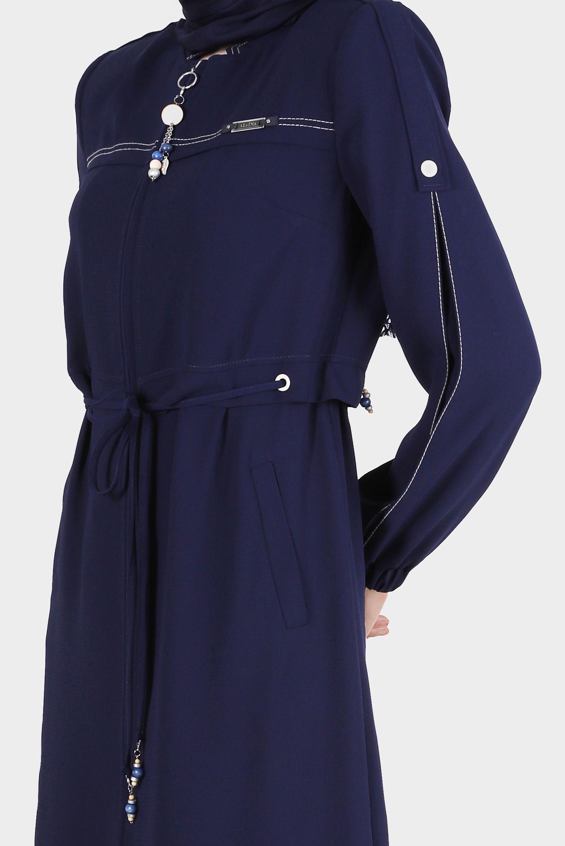 Tesettür giyim LACİVERT MANŞETLERİ LASTİKLİ BELDEN BAĞLAMALI PARDESÜ 10558	