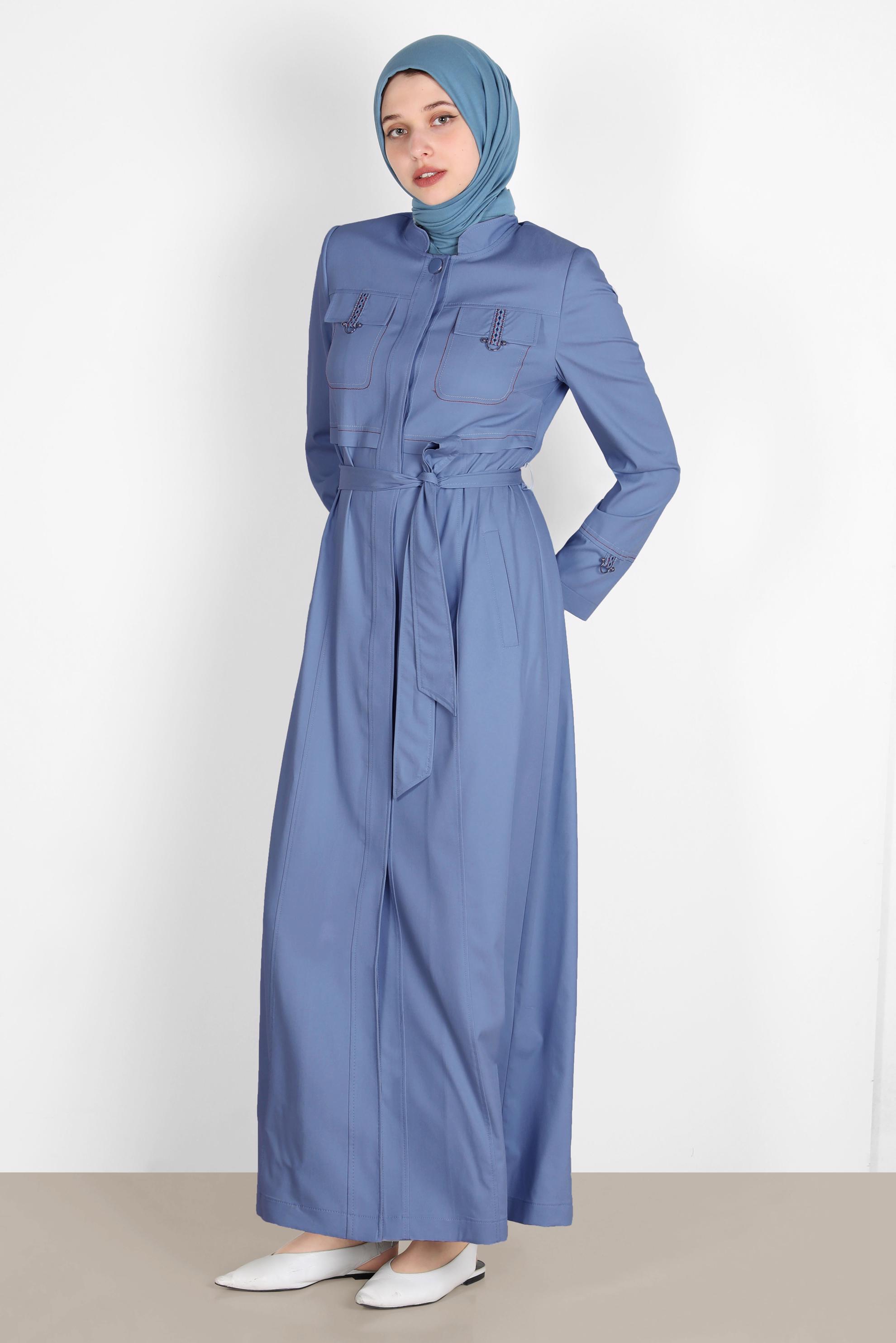 Tesettür giyim LACİVERT HAKİM YAKA KUŞAKLI PARDESÜ 10571 