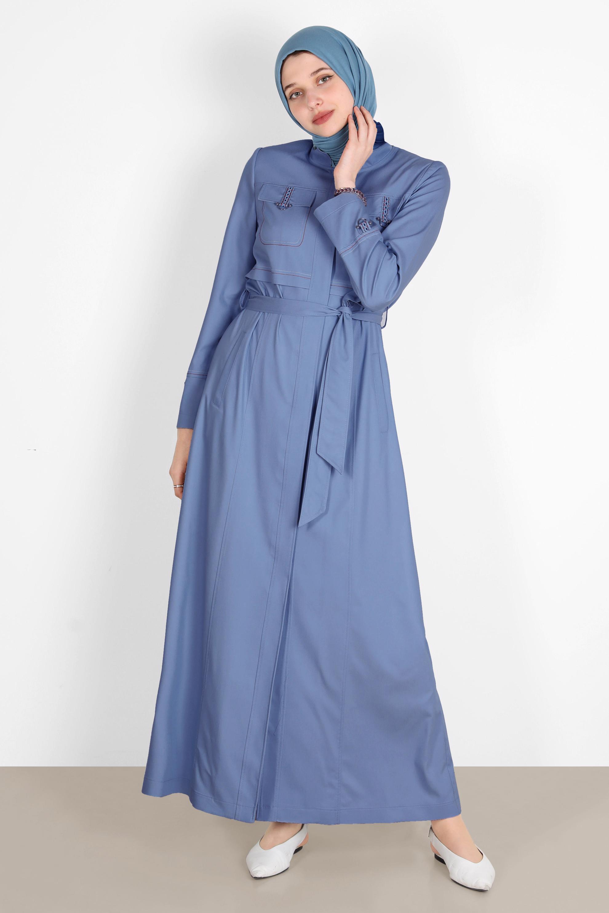 Tesettür giyim LACİVERT HAKİM YAKA KUŞAKLI PARDESÜ 10571 