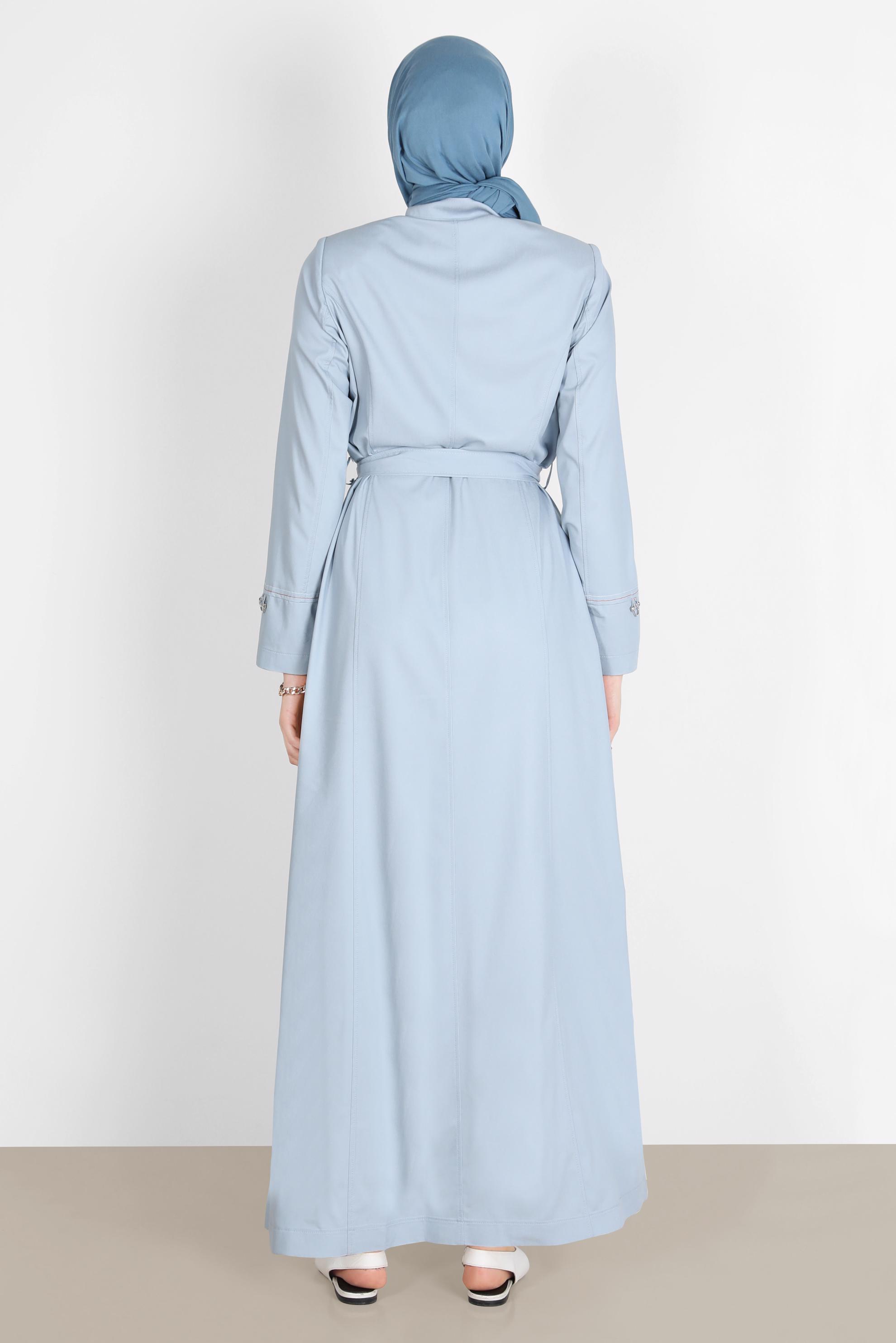 Tesettür giyim MAVİ HAKİM YAKA KUŞAKLI PARDESÜ 10571 