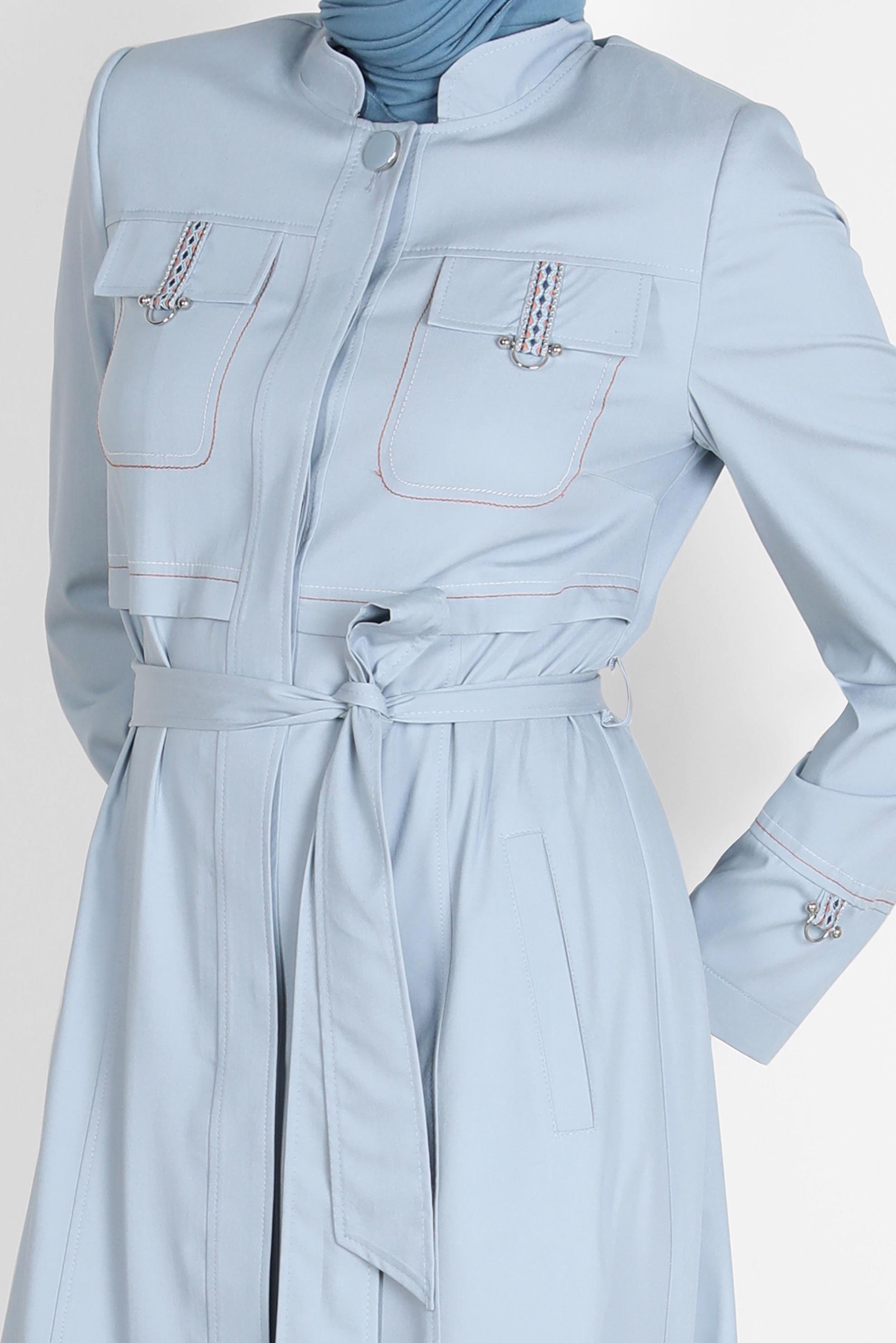 Tesettür giyim MAVİ HAKİM YAKA KUŞAKLI PARDESÜ 10571 