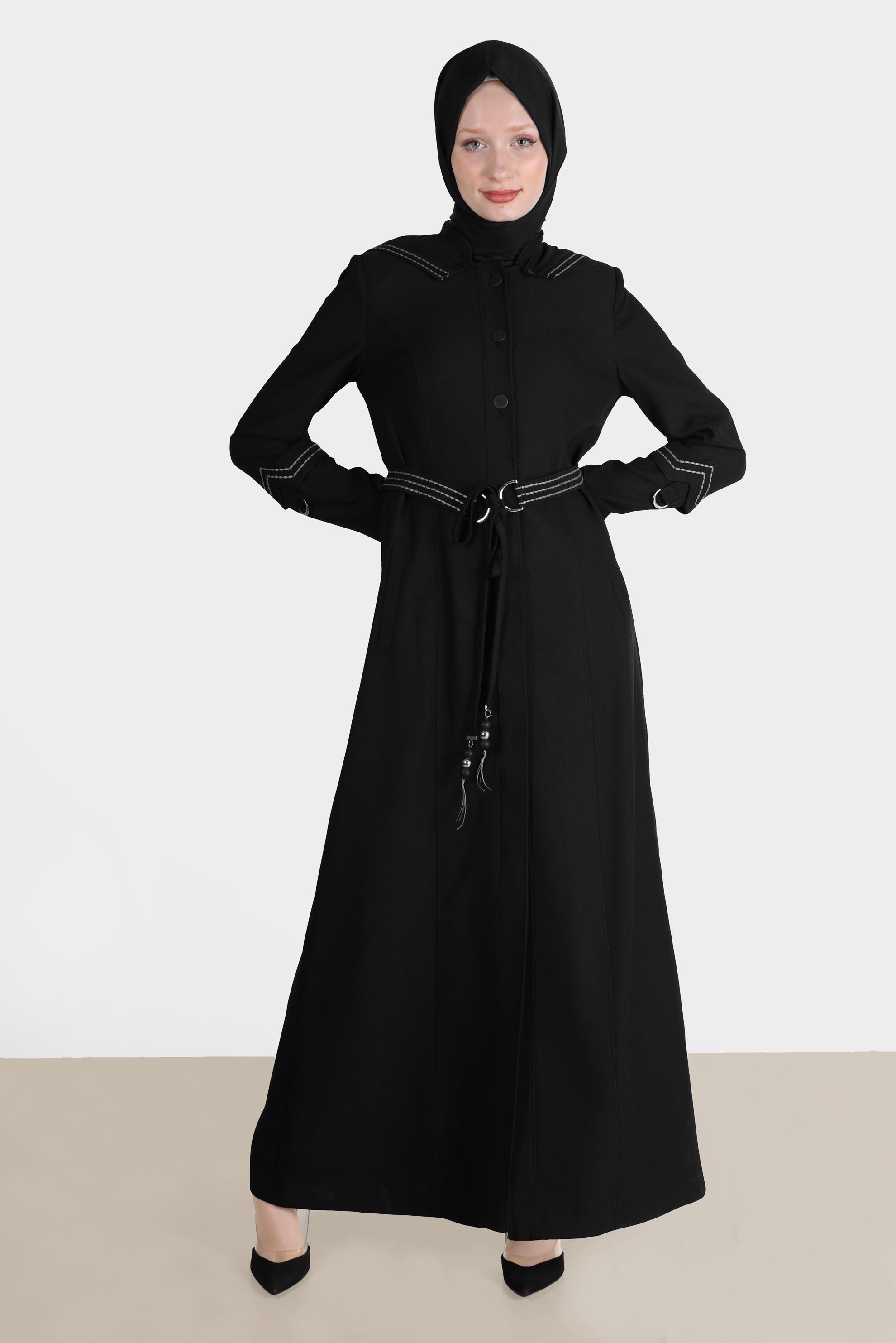 Tesettür giyim SİYAH NAKIŞLI KAPÜŞONLU PARDESÜ 10575	