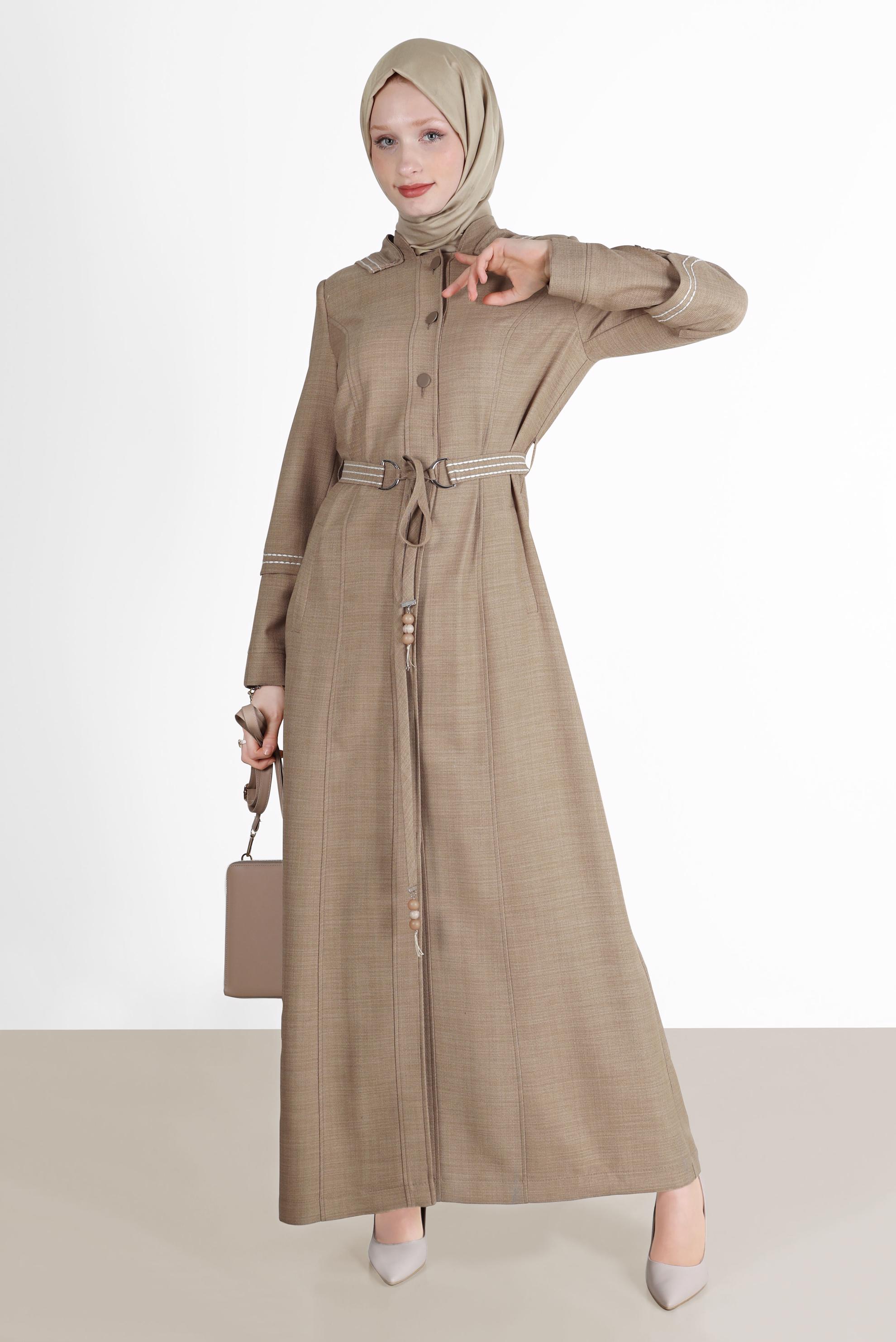 Tesettür giyim KAHVE NAKIŞLI KAPÜŞONLU PARDESÜ 10575	