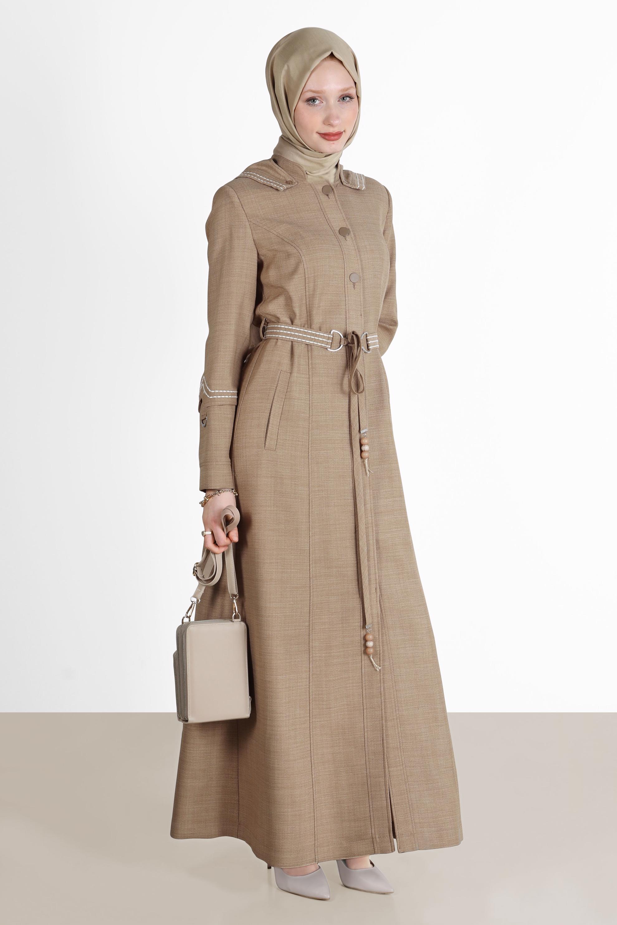 Tesettür giyim KAHVE NAKIŞLI KAPÜŞONLU PARDESÜ 10575	