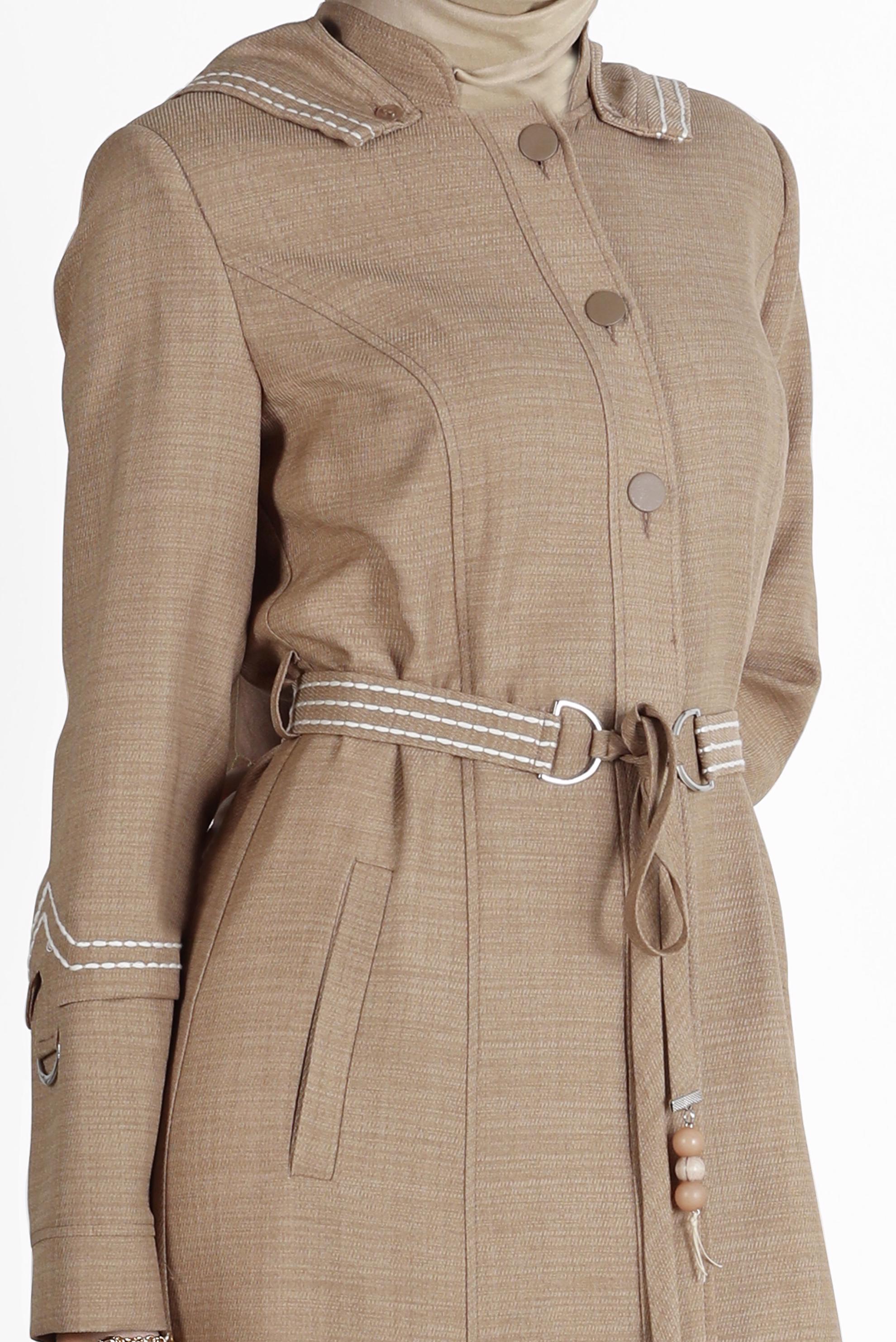 Tesettür giyim KAHVE NAKIŞLI KAPÜŞONLU PARDESÜ 10575	