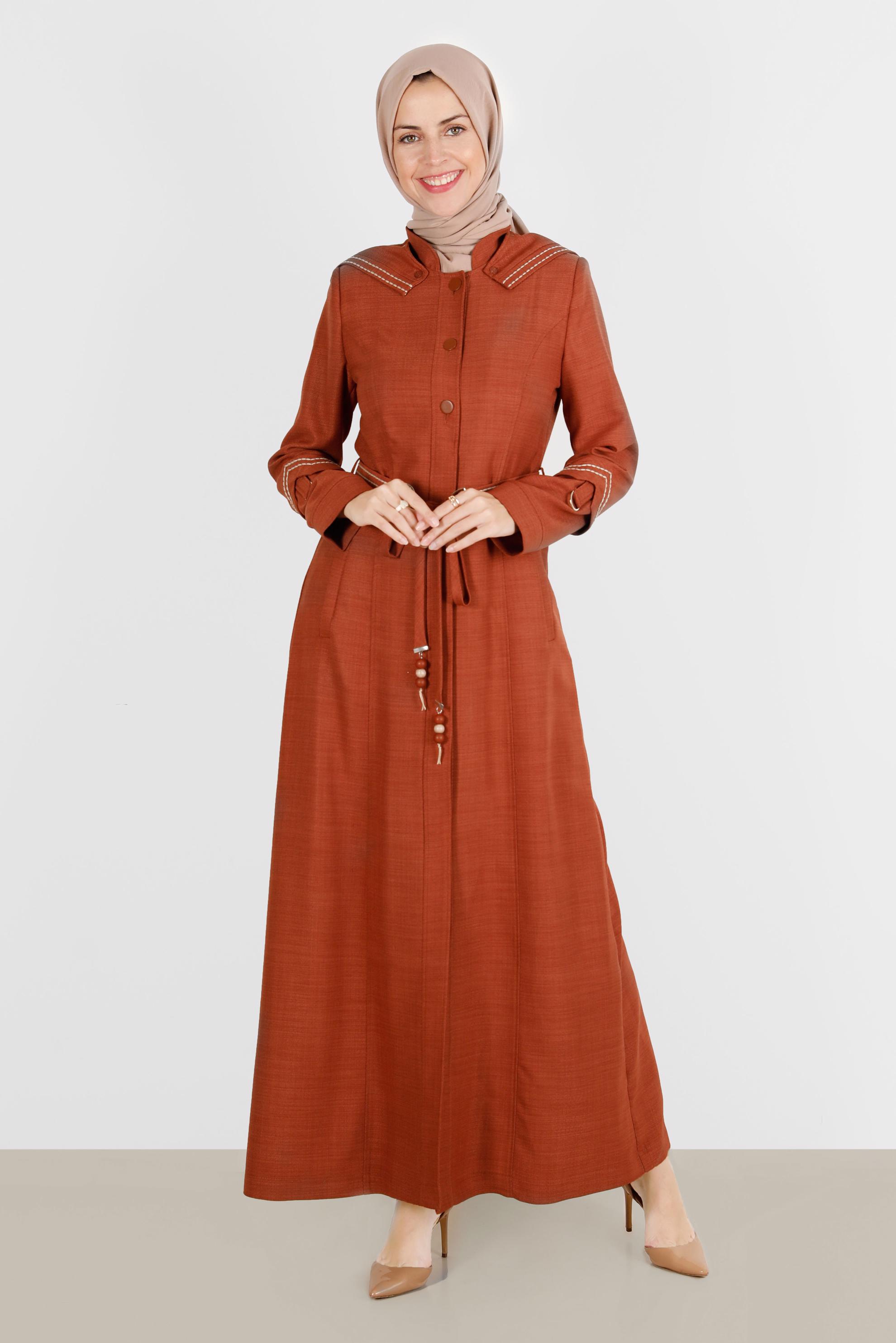 Vêtements hijab BRUN PARDESSUS BRODÉ À CAPUCHE 10575