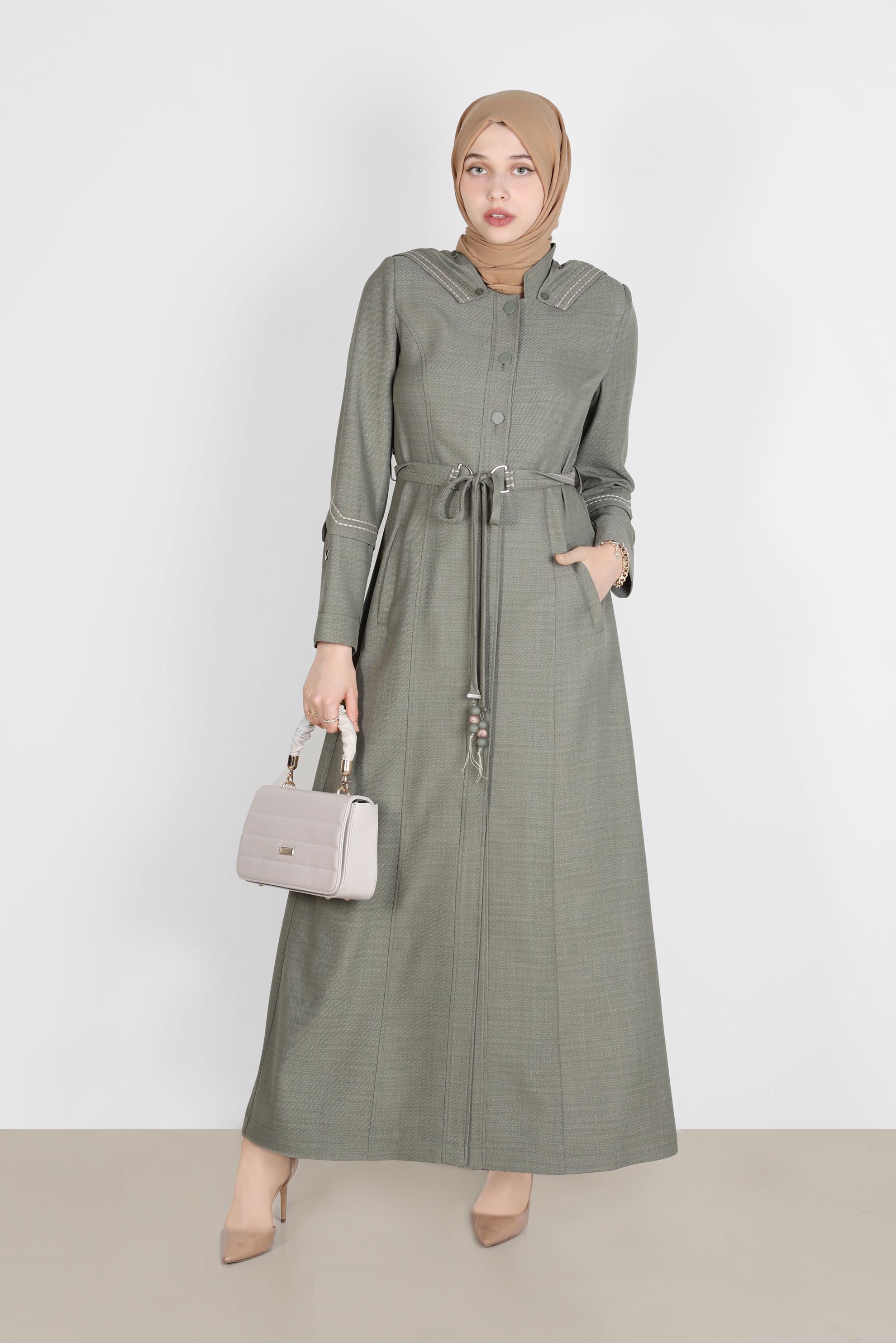 Tesettür giyim YEŞİL NAKIŞLI KAPÜŞONLU PARDESÜ 10575	