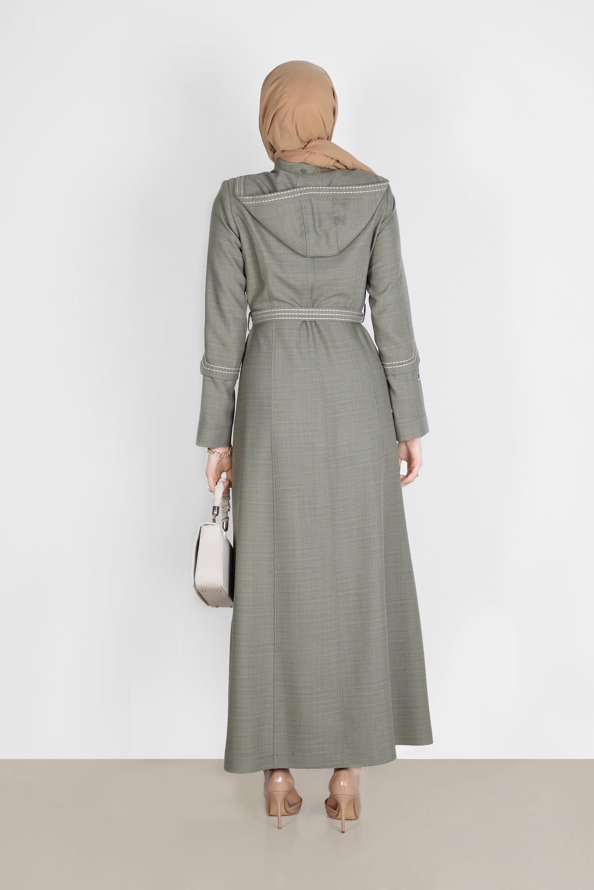 Tesettür giyim YEŞİL NAKIŞLI KAPÜŞONLU PARDESÜ 10575	