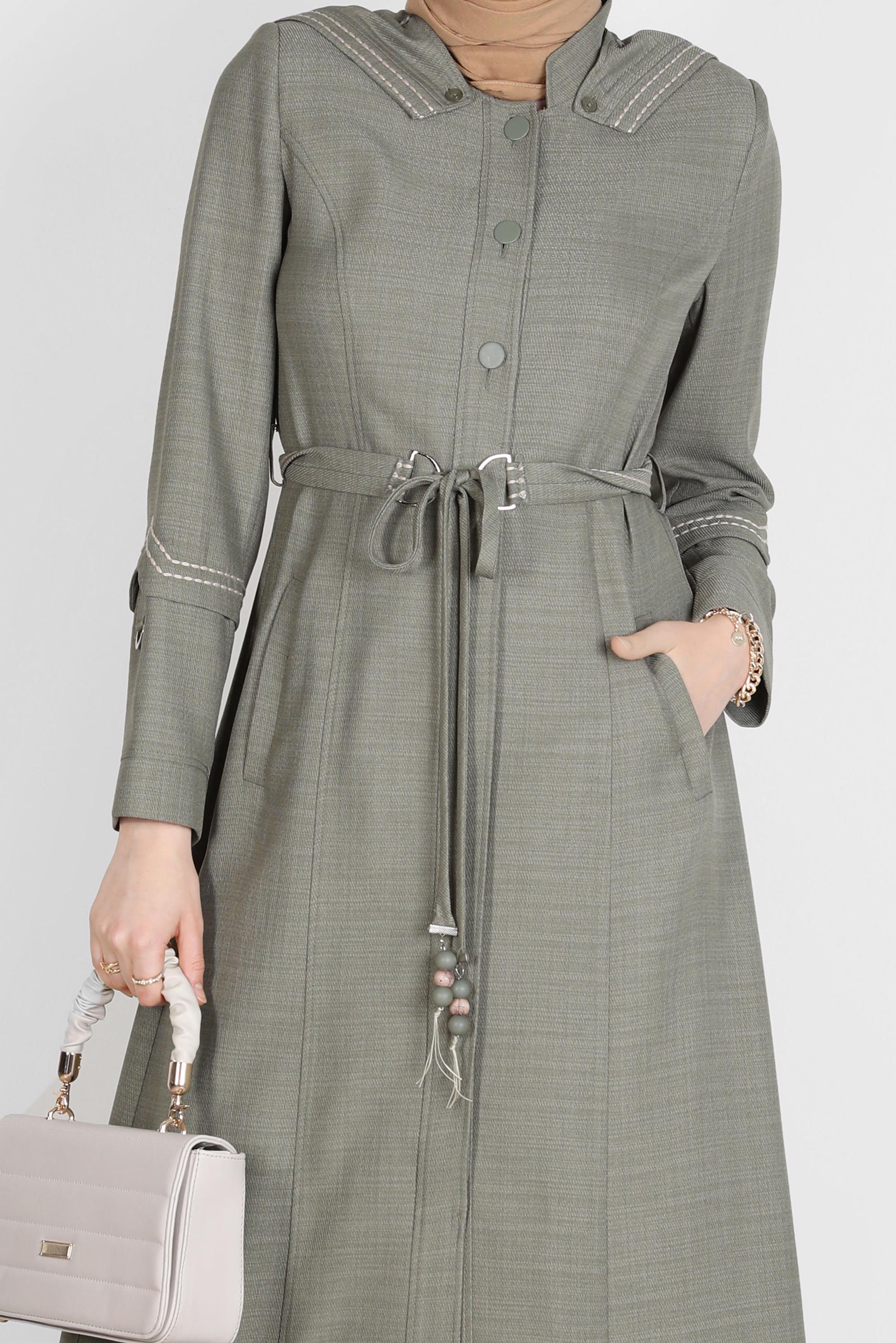 Tesettür giyim YEŞİL NAKIŞLI KAPÜŞONLU PARDESÜ 10575	