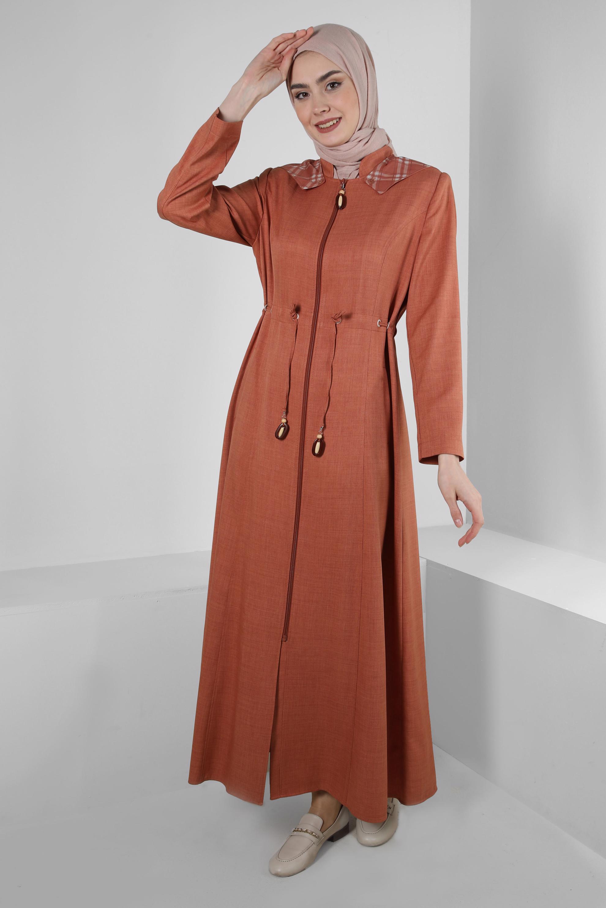 Tesettür giyim TURUNCU KAPÜŞONU EKOSE DESENLİ PARDESÜ 10576 