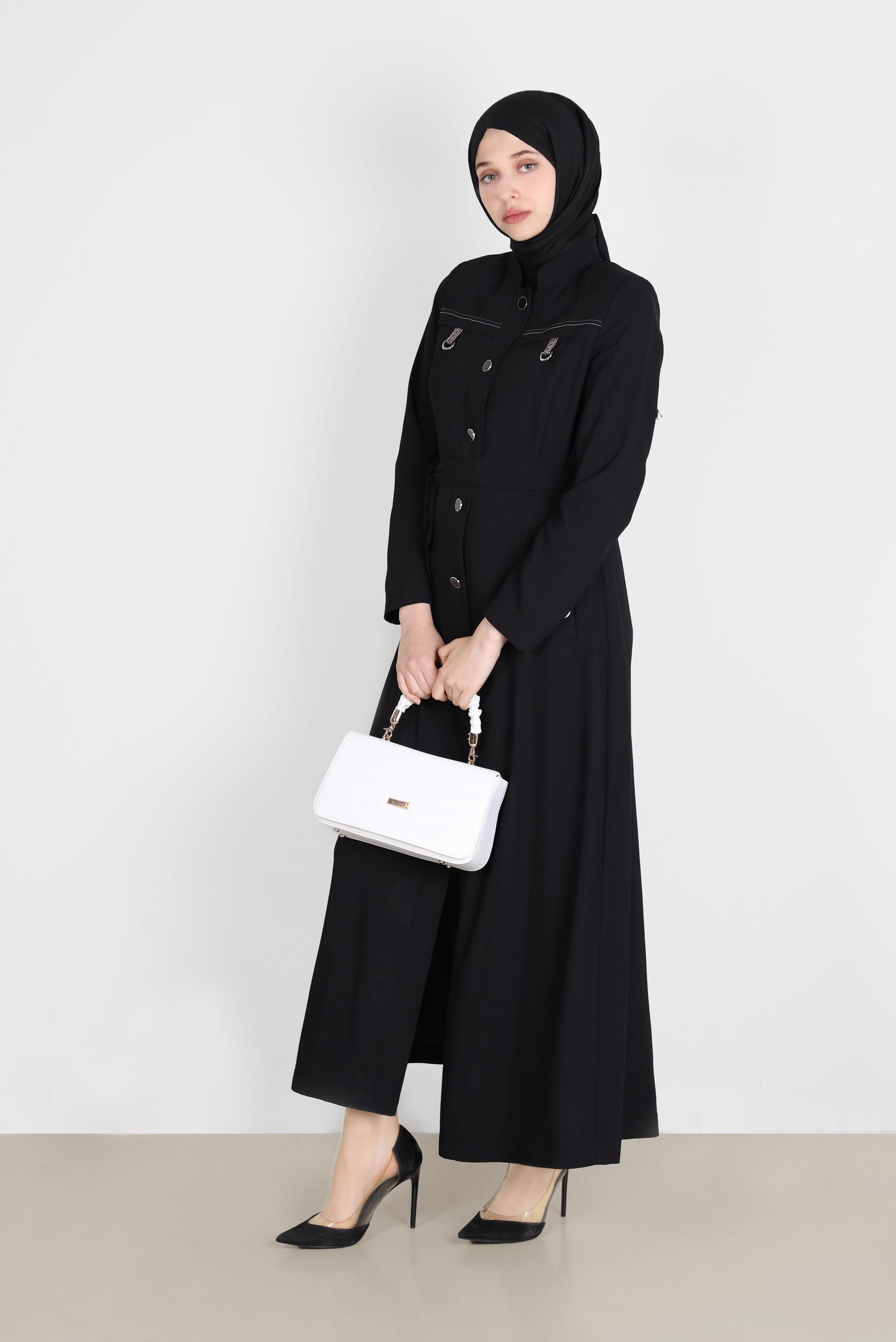 Tesettür giyim SİYAH KUŞAKLI DÜĞMELİ PARDESÜ 10578 