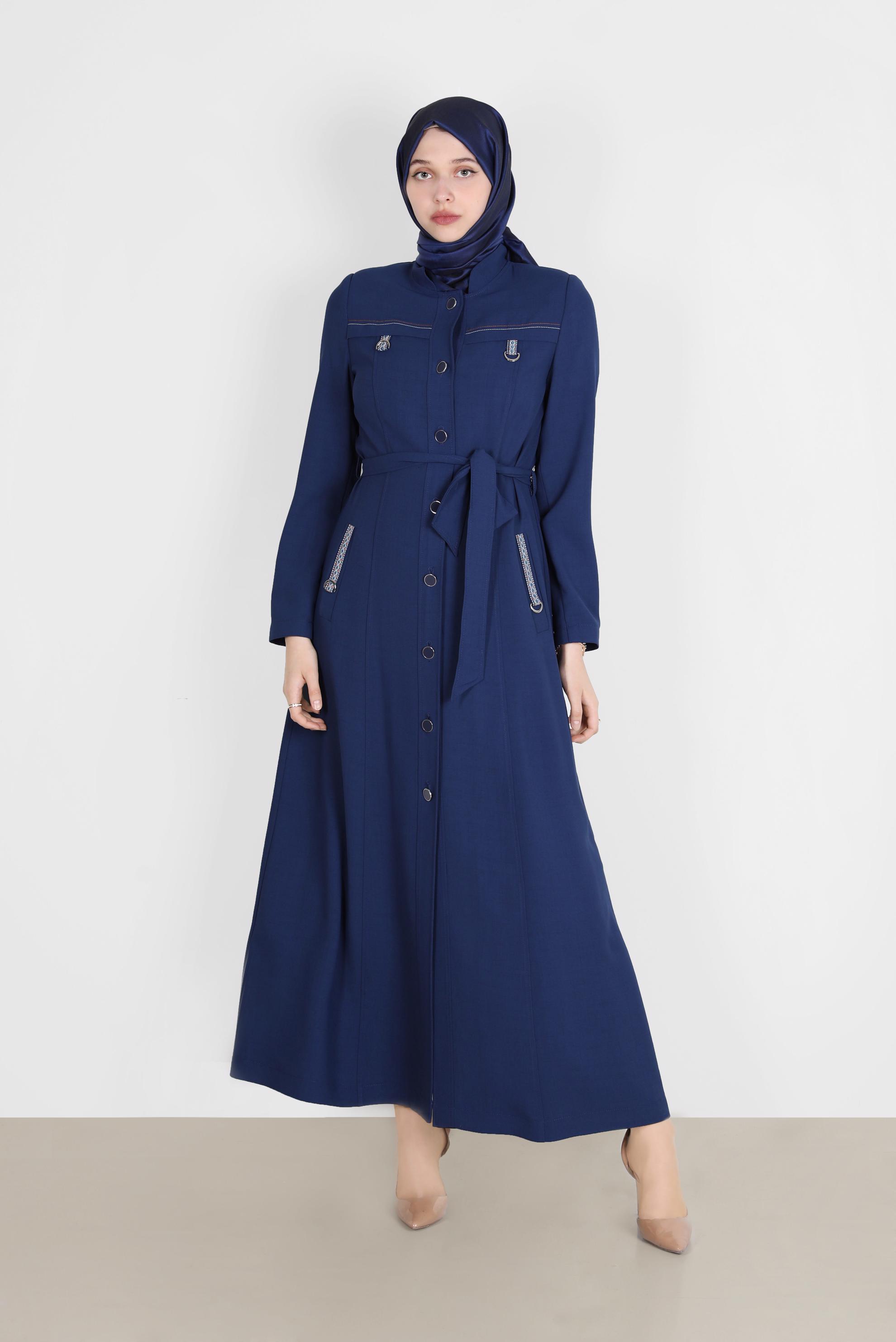 Tesettür giyim LACİVERT KUŞAKLI DÜĞMELİ PARDESÜ 10578 