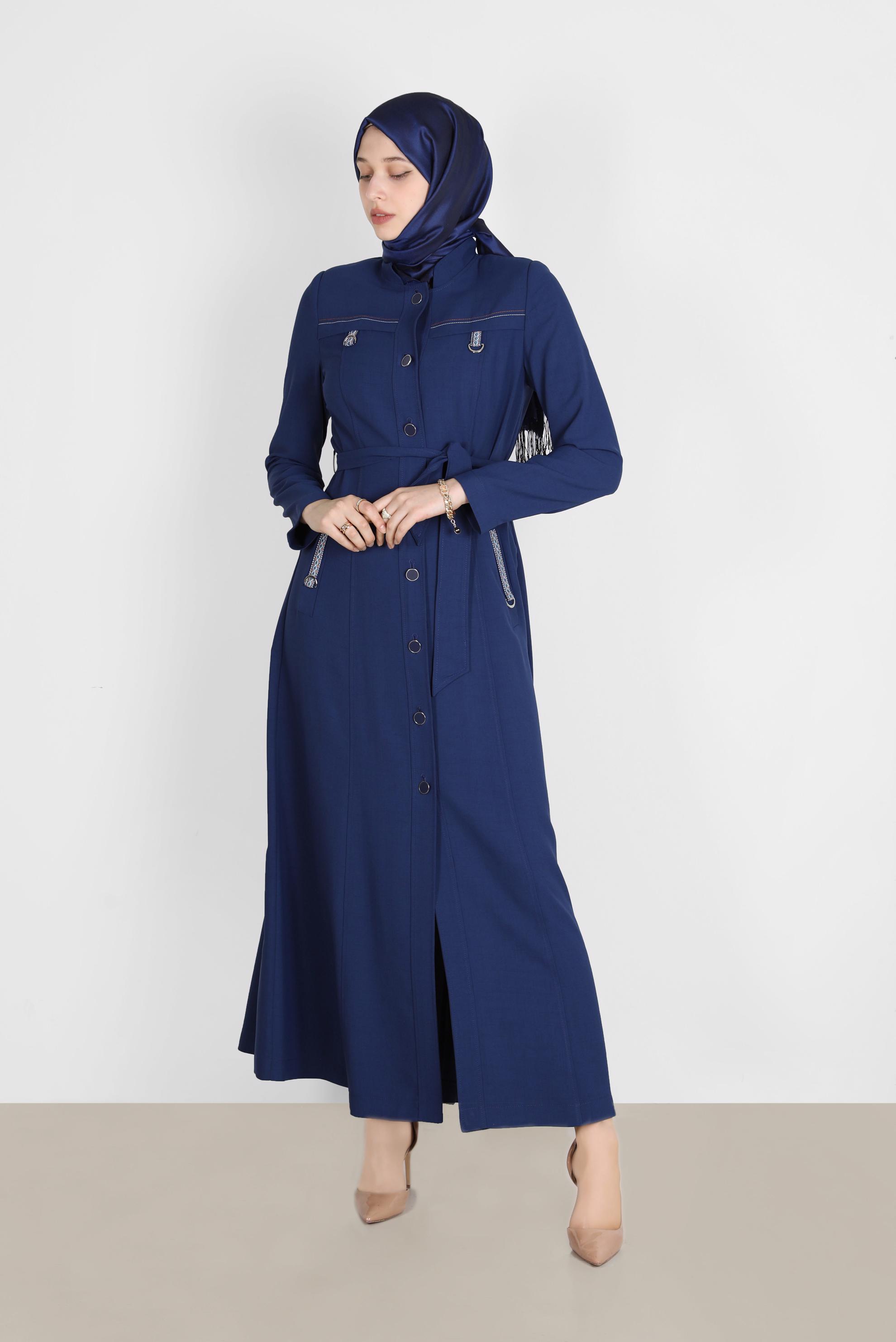 Tesettür giyim LACİVERT KUŞAKLI DÜĞMELİ PARDESÜ 10578 