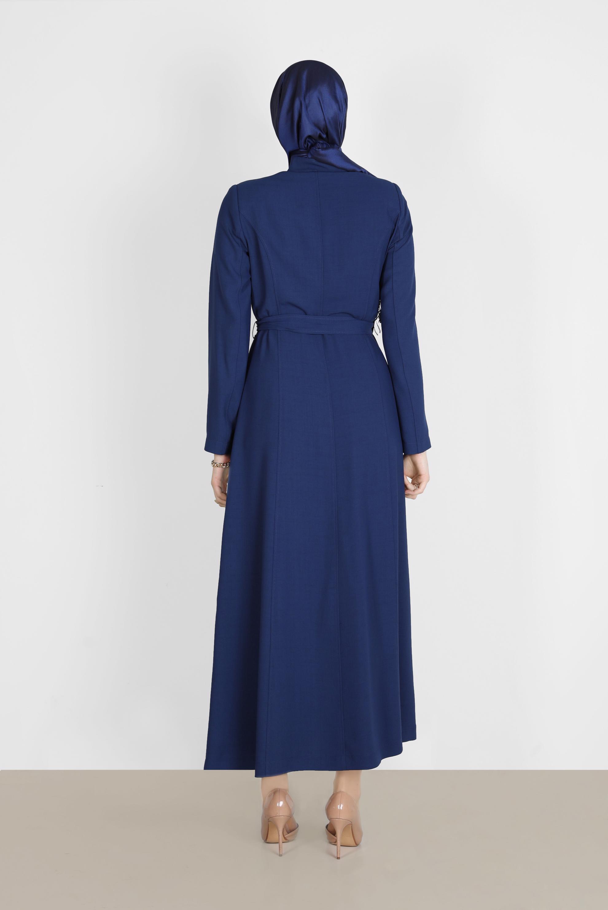 Tesettür giyim LACİVERT KUŞAKLI DÜĞMELİ PARDESÜ 10578 