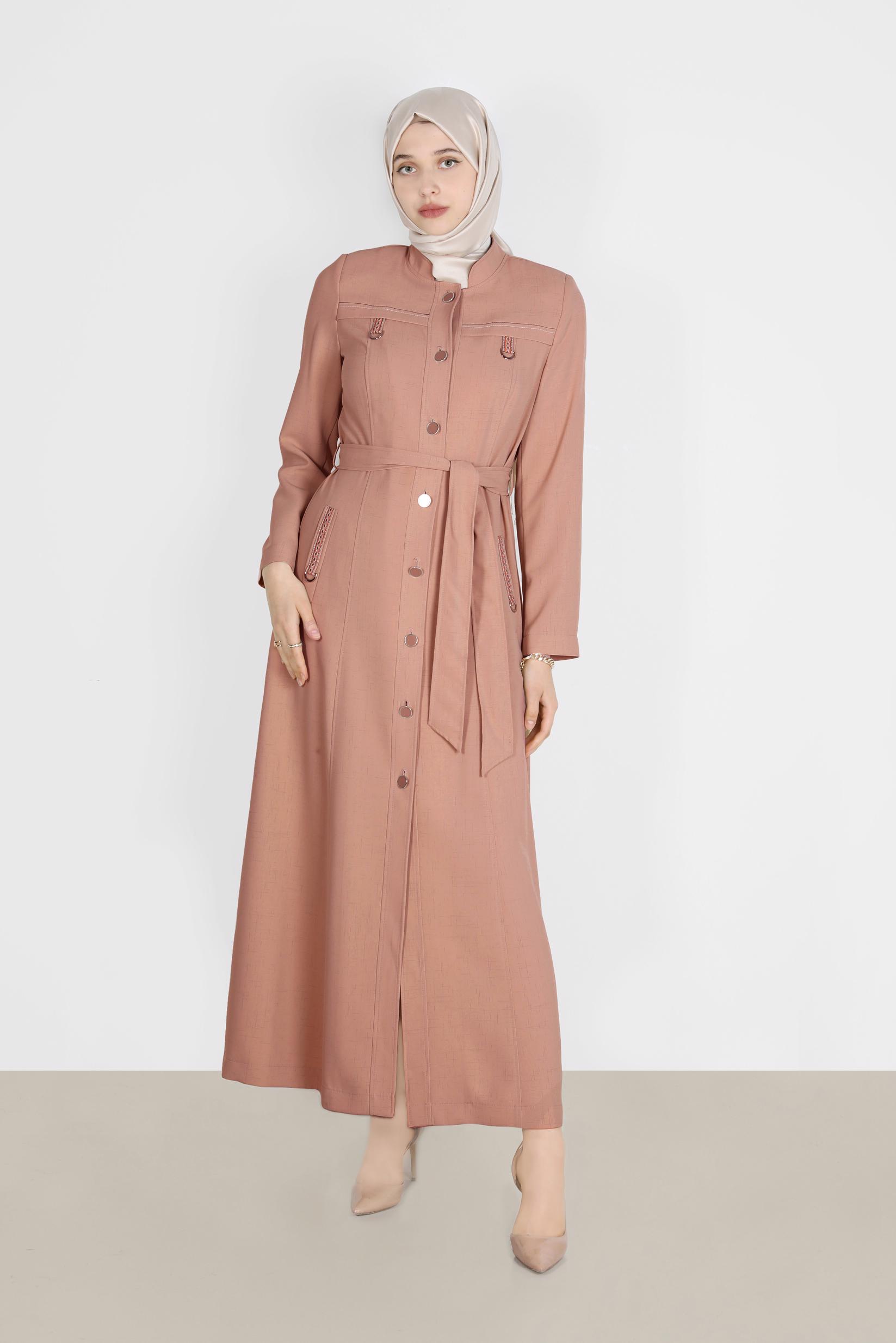 Tesettür giyim PUDRA KUŞAKLI DÜĞMELİ PARDESÜ 10578 