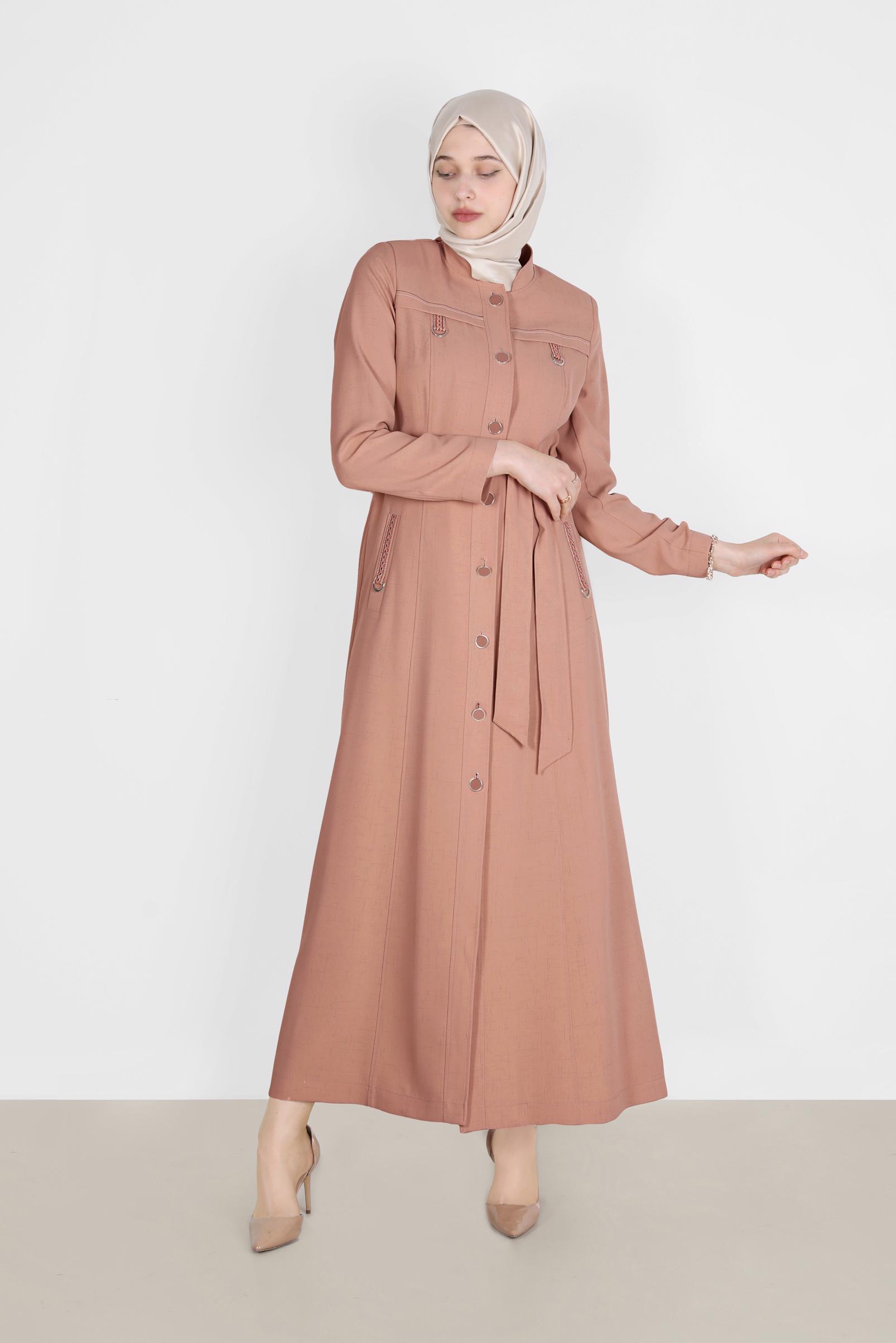 Tesettür giyim PUDRA KUŞAKLI DÜĞMELİ PARDESÜ 10578 
