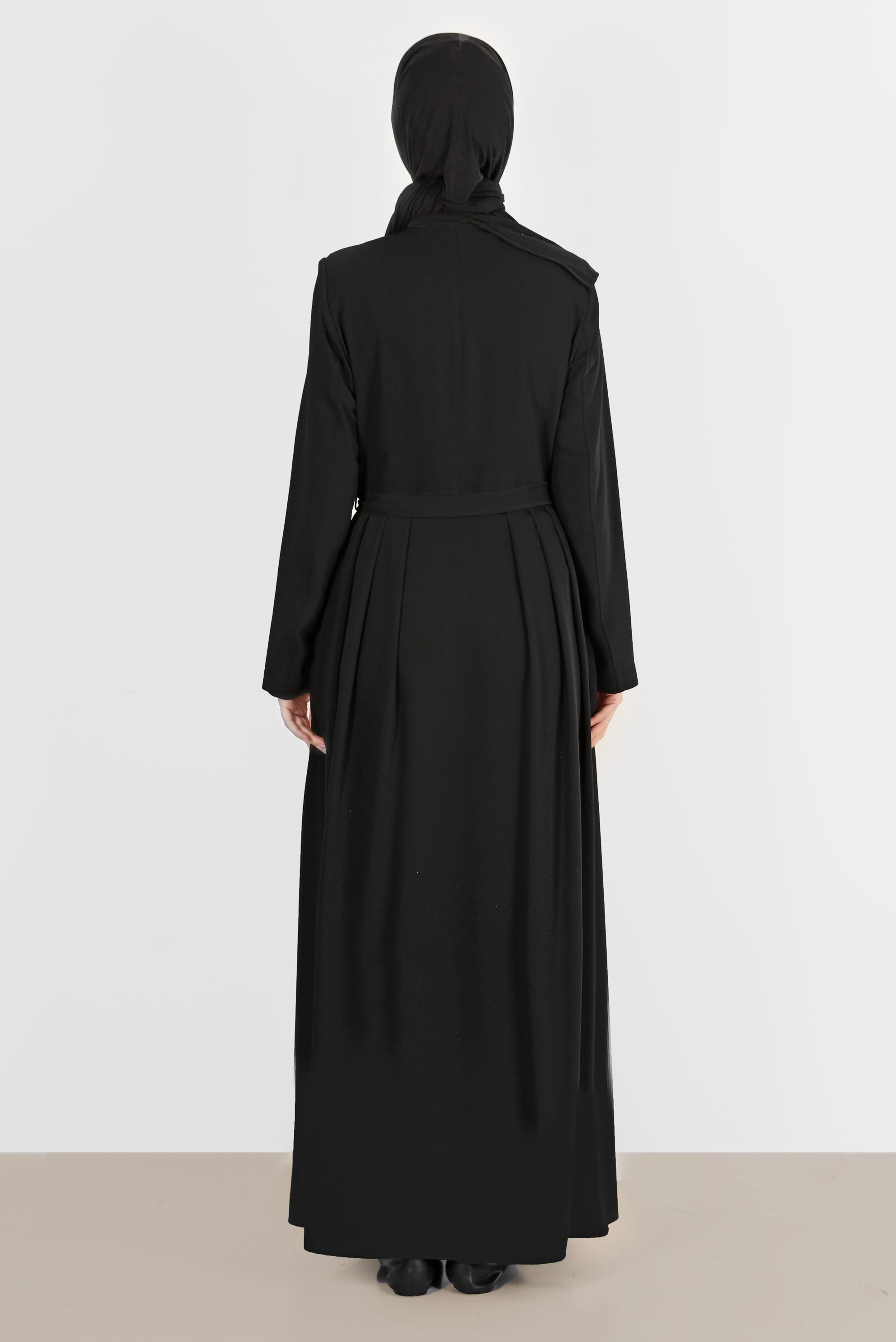 Tesettür giyim SİYAH NAKIŞLI KUŞAKLI PARDESÜ 10580	