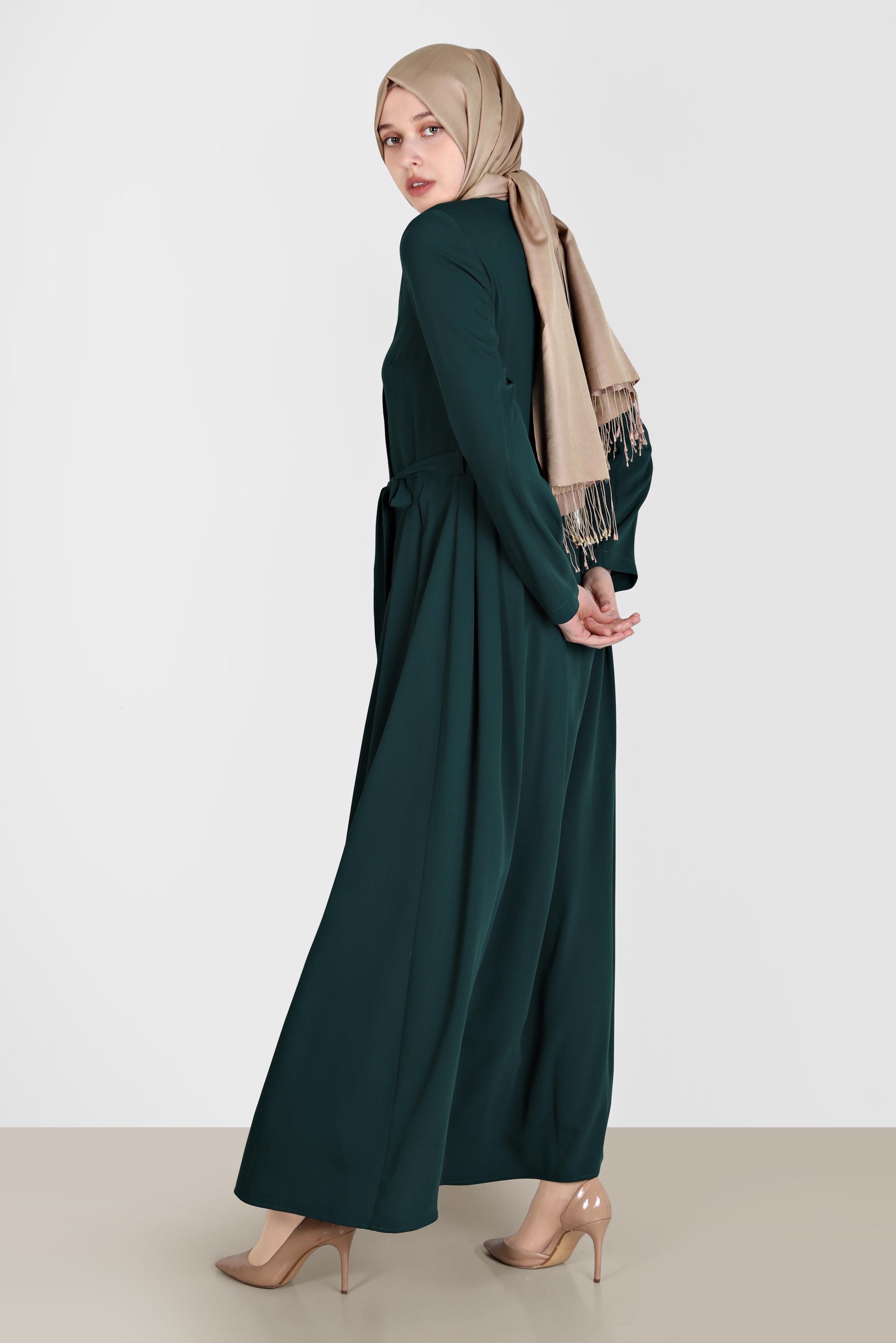 Tesettür giyim YEŞİL NAKIŞLI KUŞAKLI PARDESÜ 10580	