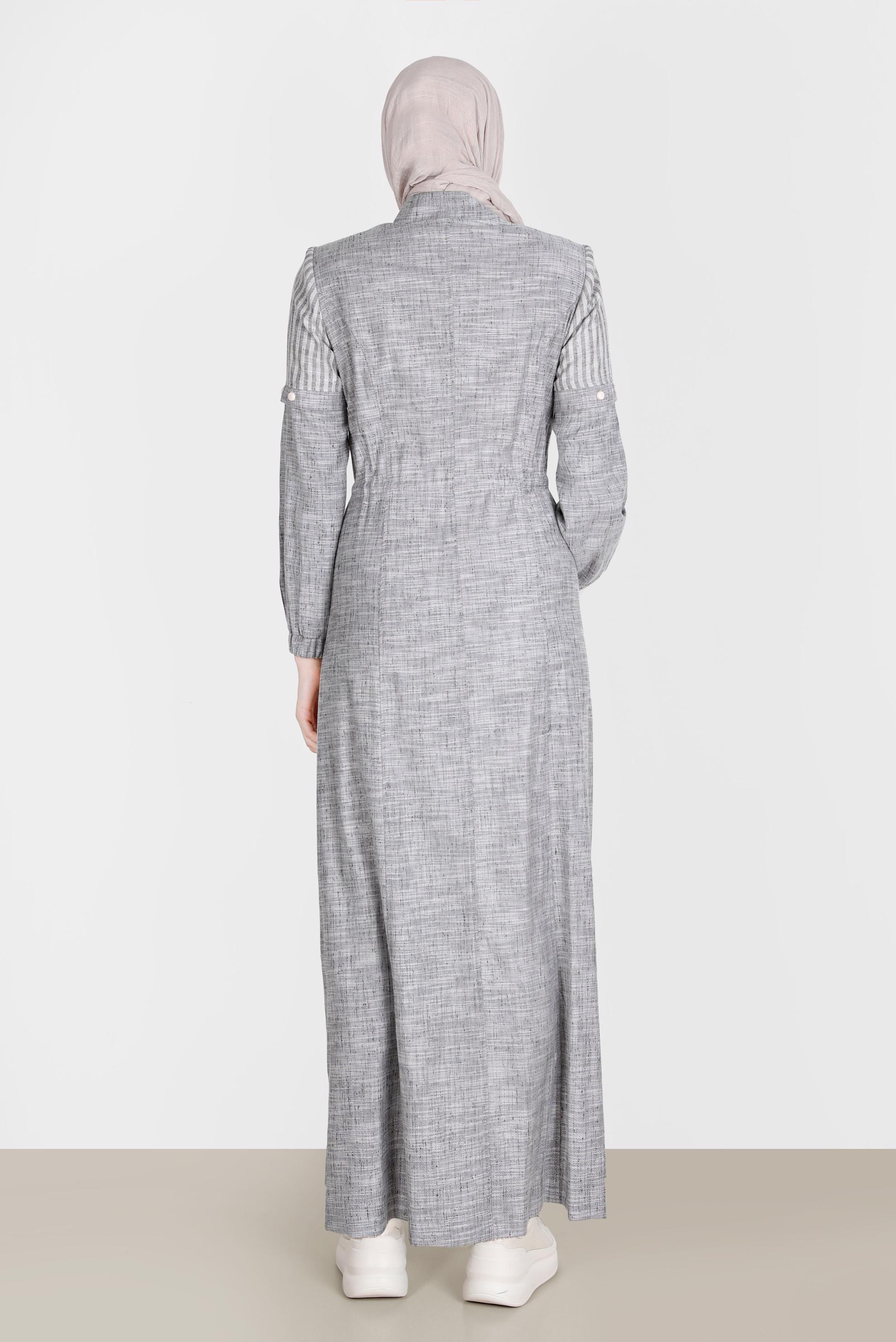 Tesettür giyim SİYAH BELİ BÜZGÜLÜ FERMUARLI PARDESÜ 10587 