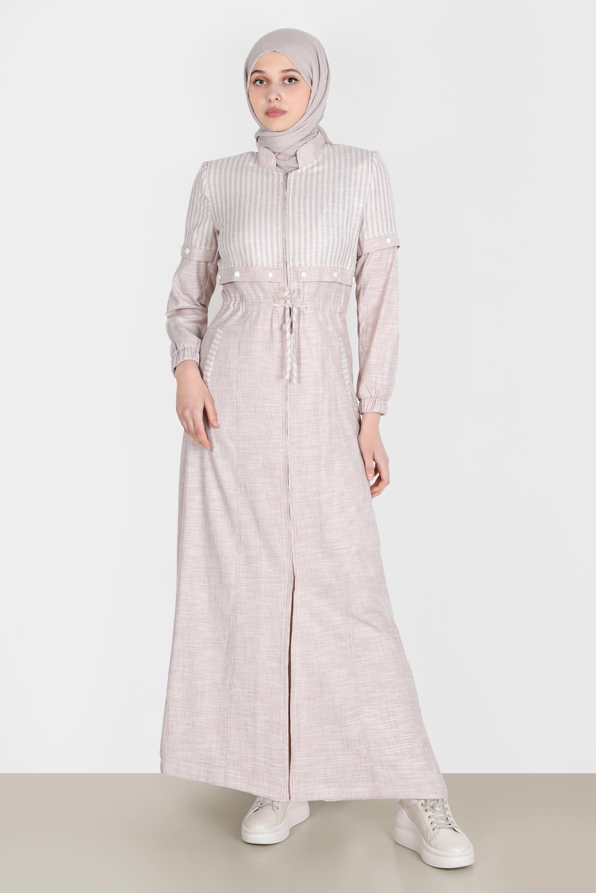 Tesettür giyim KAHVE BELİ BÜZGÜLÜ FERMUARLI PARDESÜ 10587 