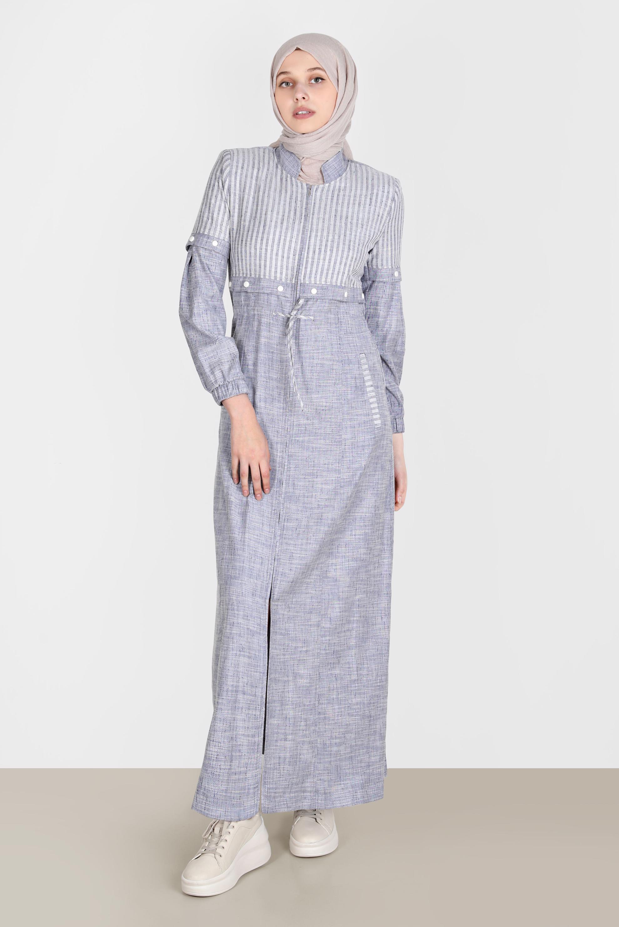 Tesettür giyim LACİVERT BELİ BÜZGÜLÜ FERMUARLI PARDESÜ 10587 