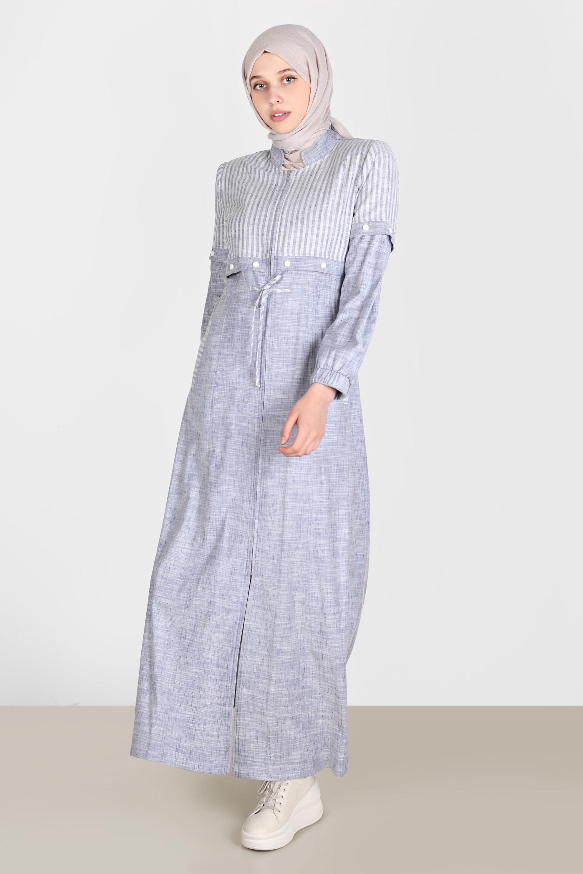 Tesettür giyim LACİVERT BELİ BÜZGÜLÜ FERMUARLI PARDESÜ 10587 