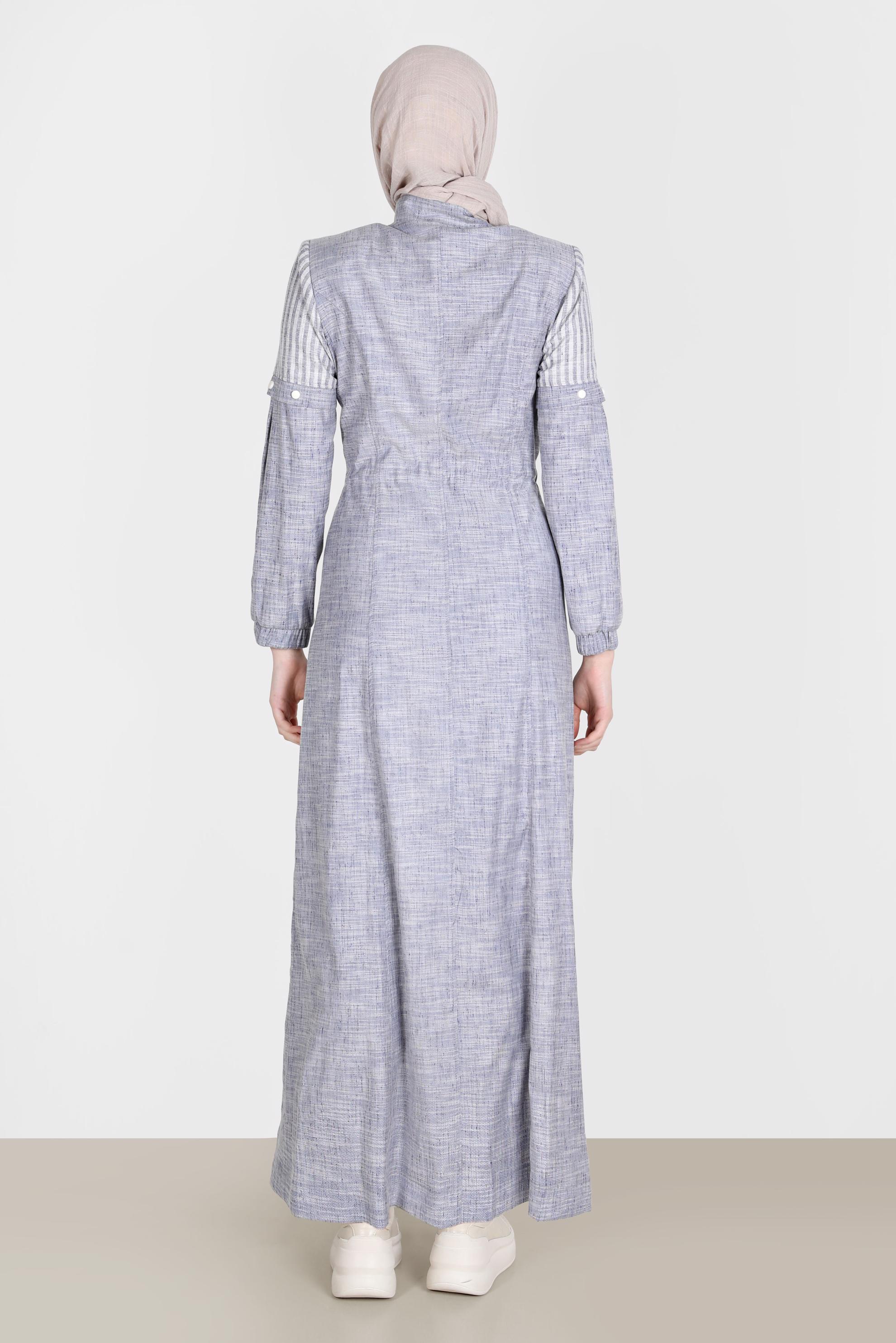 Tesettür giyim LACİVERT BELİ BÜZGÜLÜ FERMUARLI PARDESÜ 10587 