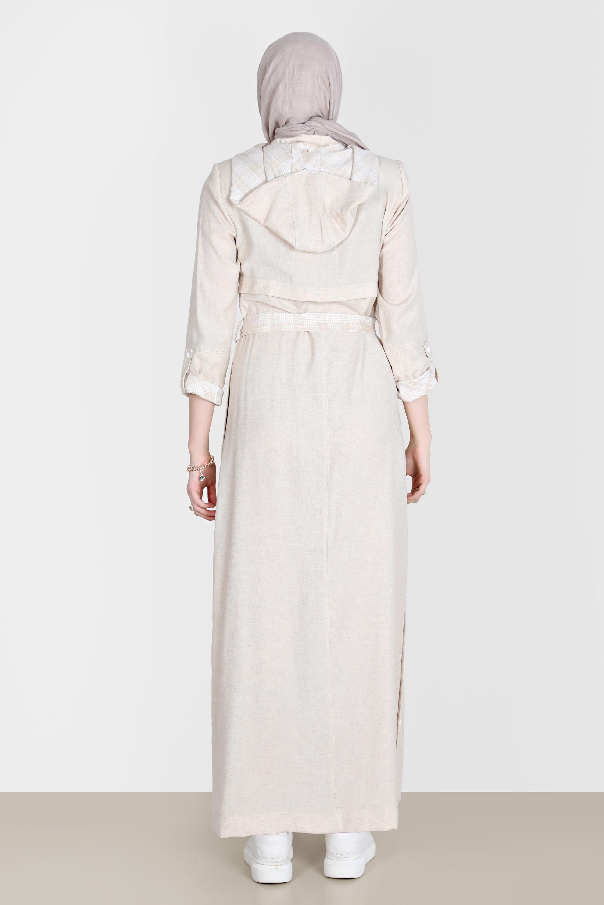 Tesettür giyim BEJ YANLARI ÇITÇITLI KUŞAKLI PARDESÜ 10588 